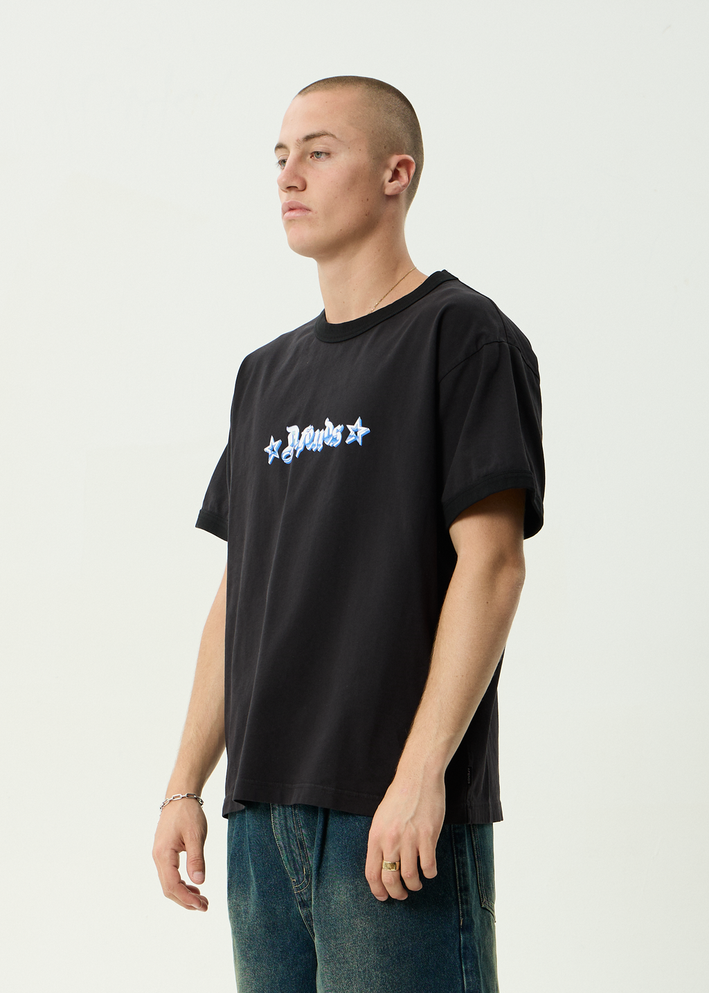 AFENDS Mens Created - Heavyweight Boxy Ringer Tee - Stone Black