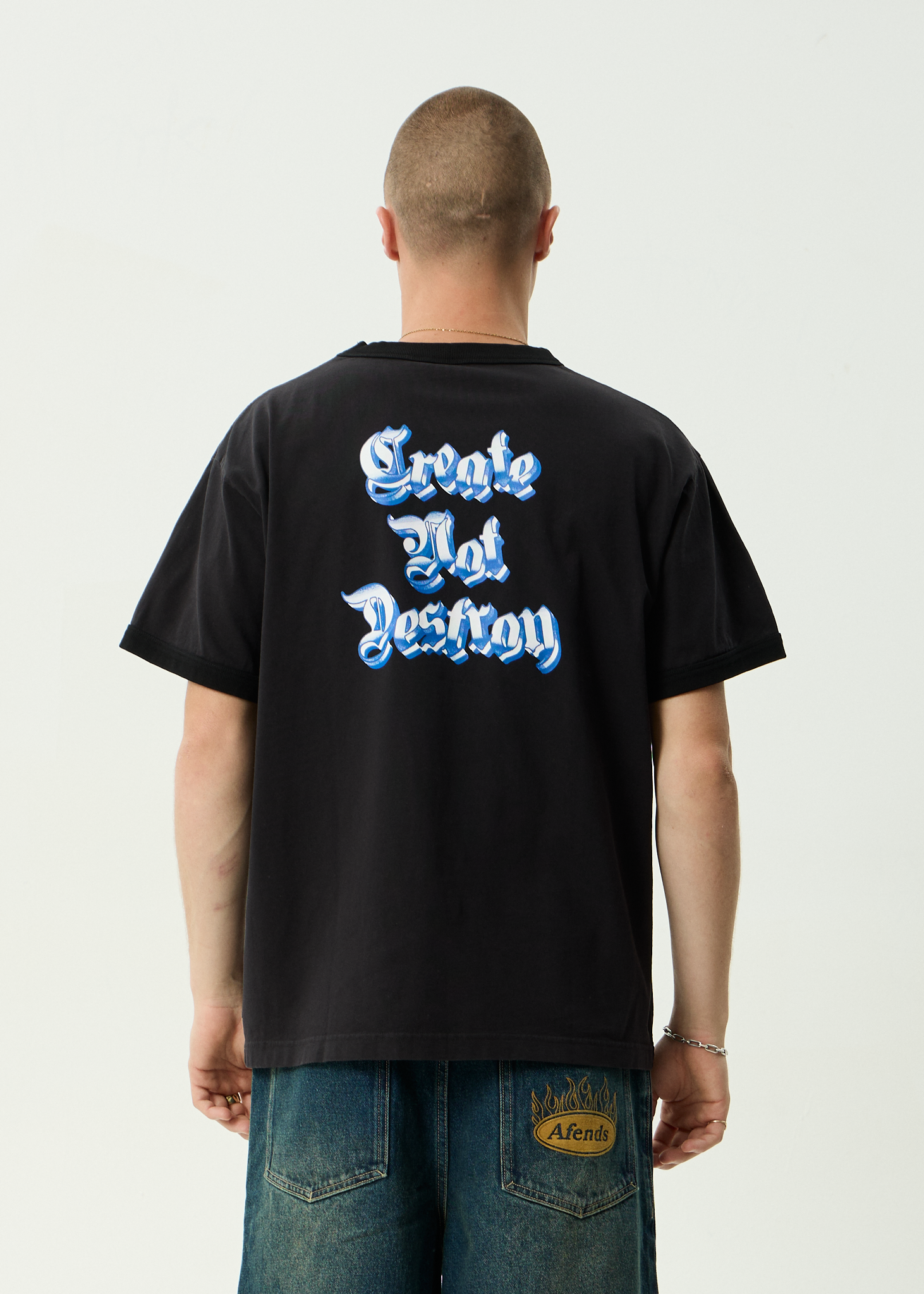 AFENDS Mens Created - Heavyweight Boxy Ringer Tee - Stone Black