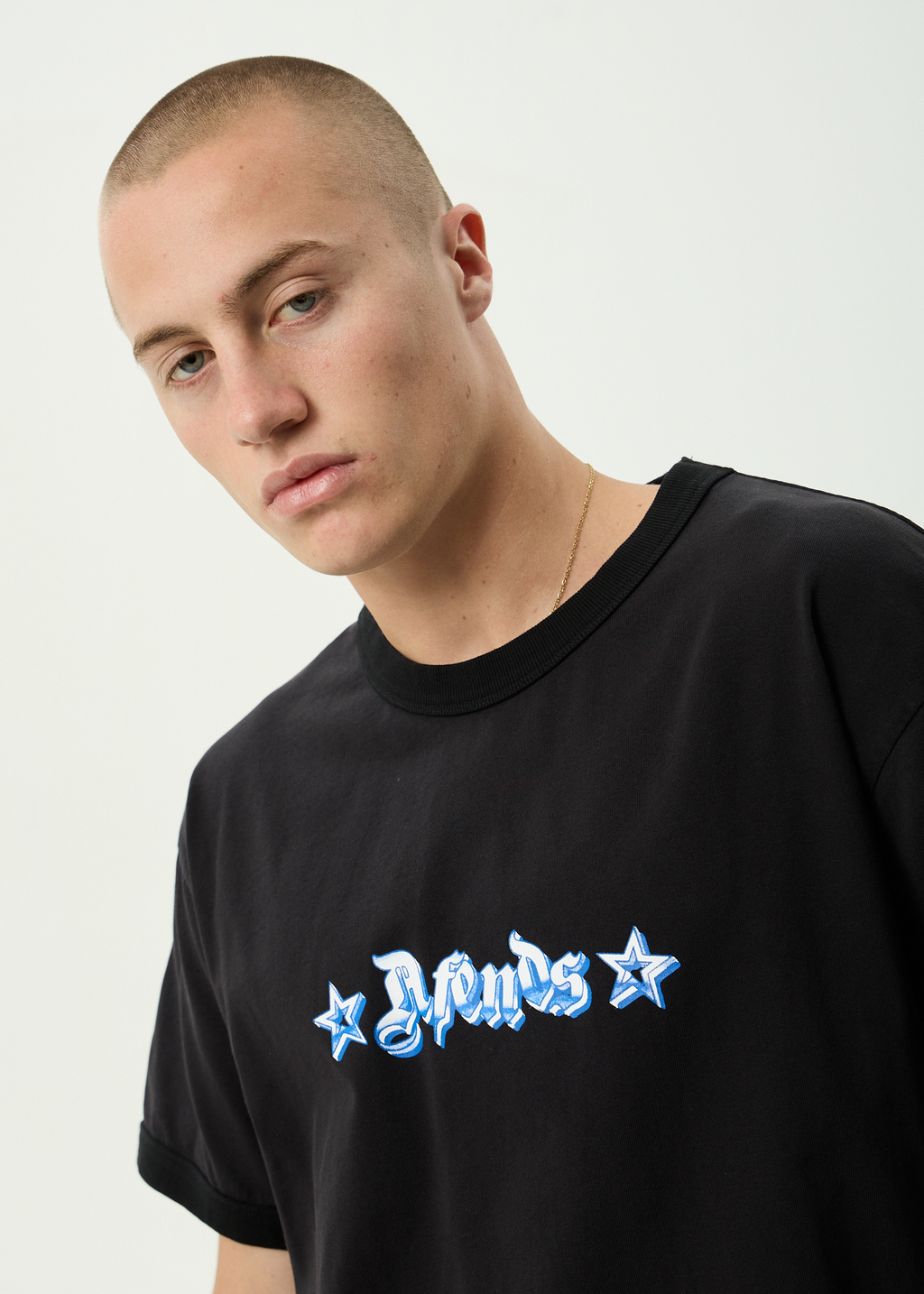 AFENDS Mens Created - Heavyweight Boxy Ringer Tee - Stone Black