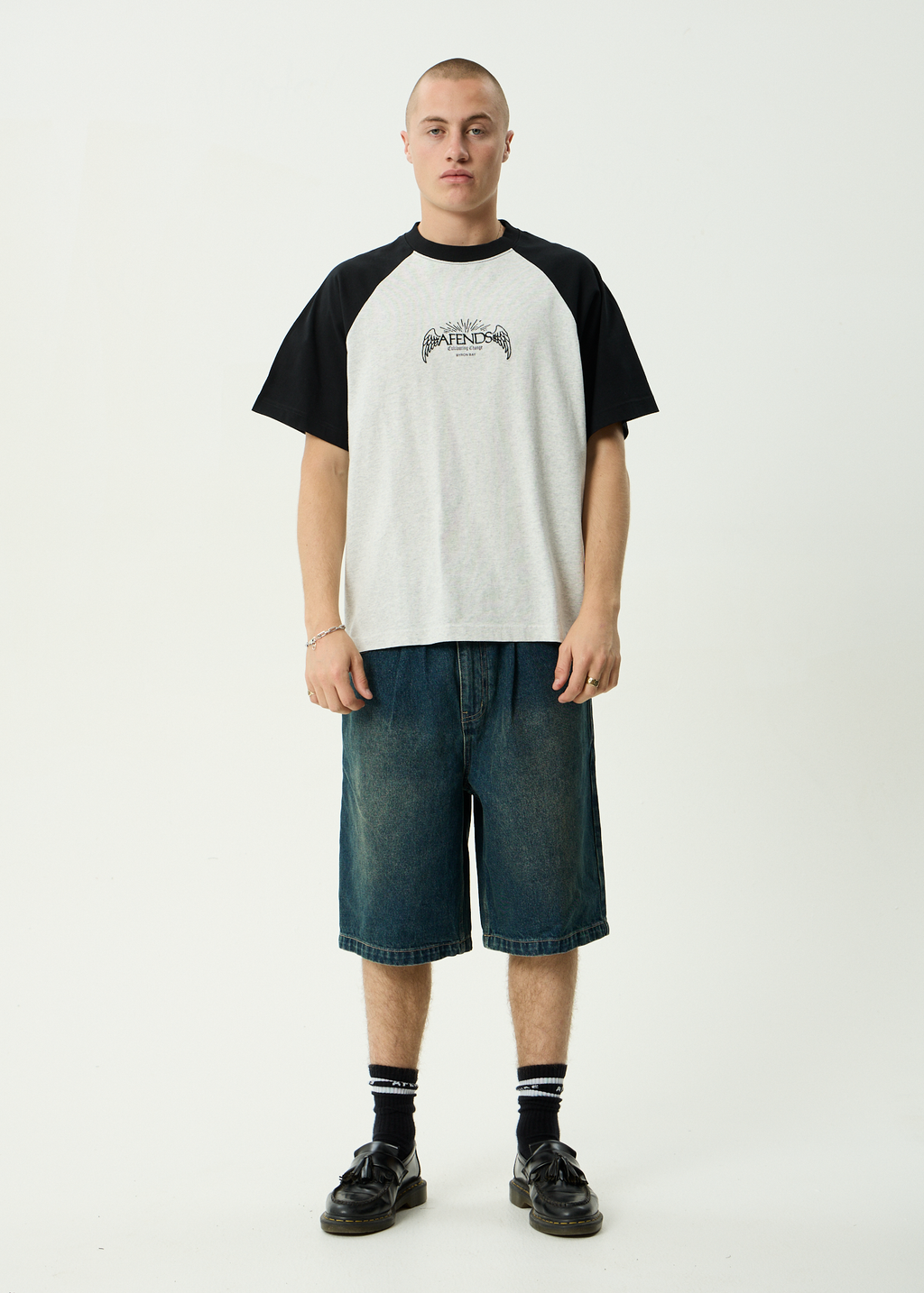 AFENDS Mens Wings - Recycled Heavyweight Raglan Fit Tee - Grey Marle