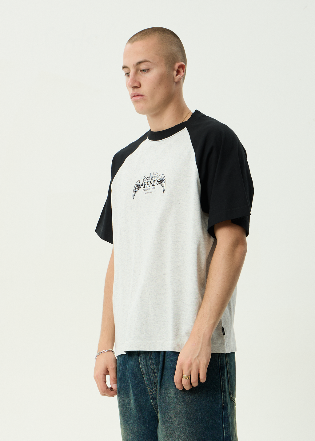 AFENDS Mens Wings - Recycled Heavyweight Raglan Fit Tee - Grey Marle