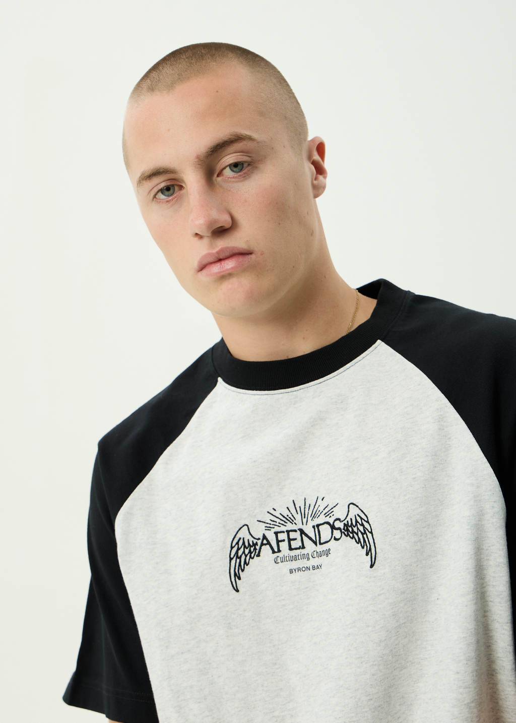 AFENDS Mens Wings - Recycled Heavyweight Raglan Fit Tee - Grey Marle