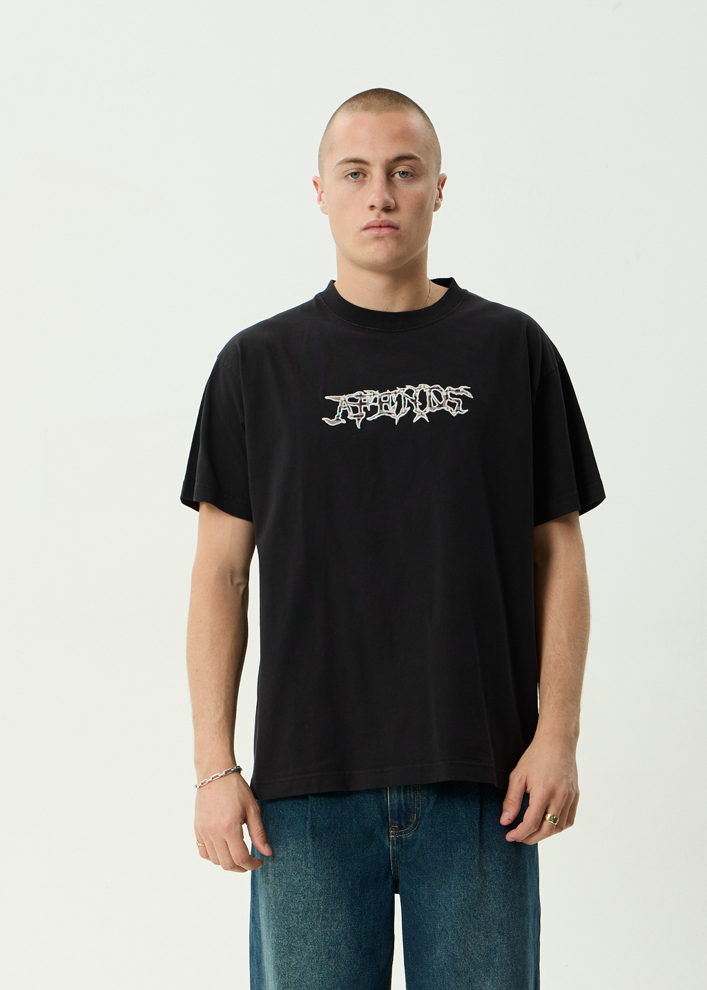 AFENDS Mens Kharma - Heavyweight Boxy Tee - Stone Black