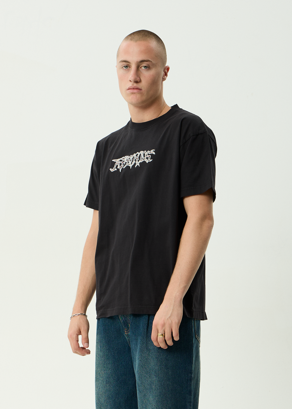 AFENDS Mens Kharma - Heavyweight Boxy Tee - Stone Black