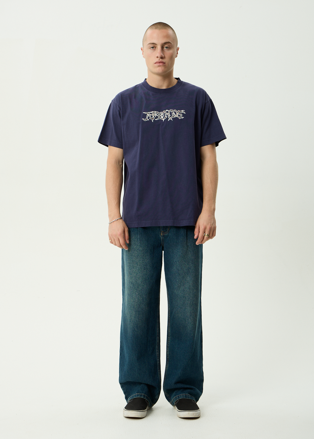 AFENDS Mens Kharma - Heavyweight Boxy Tee - Washed Deep Sea