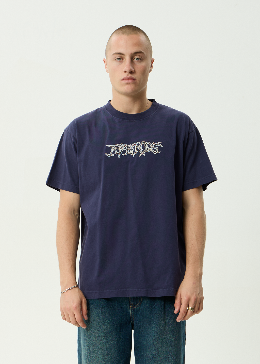 AFENDS Mens Kharma - Heavyweight Boxy Tee - Washed Deep Sea