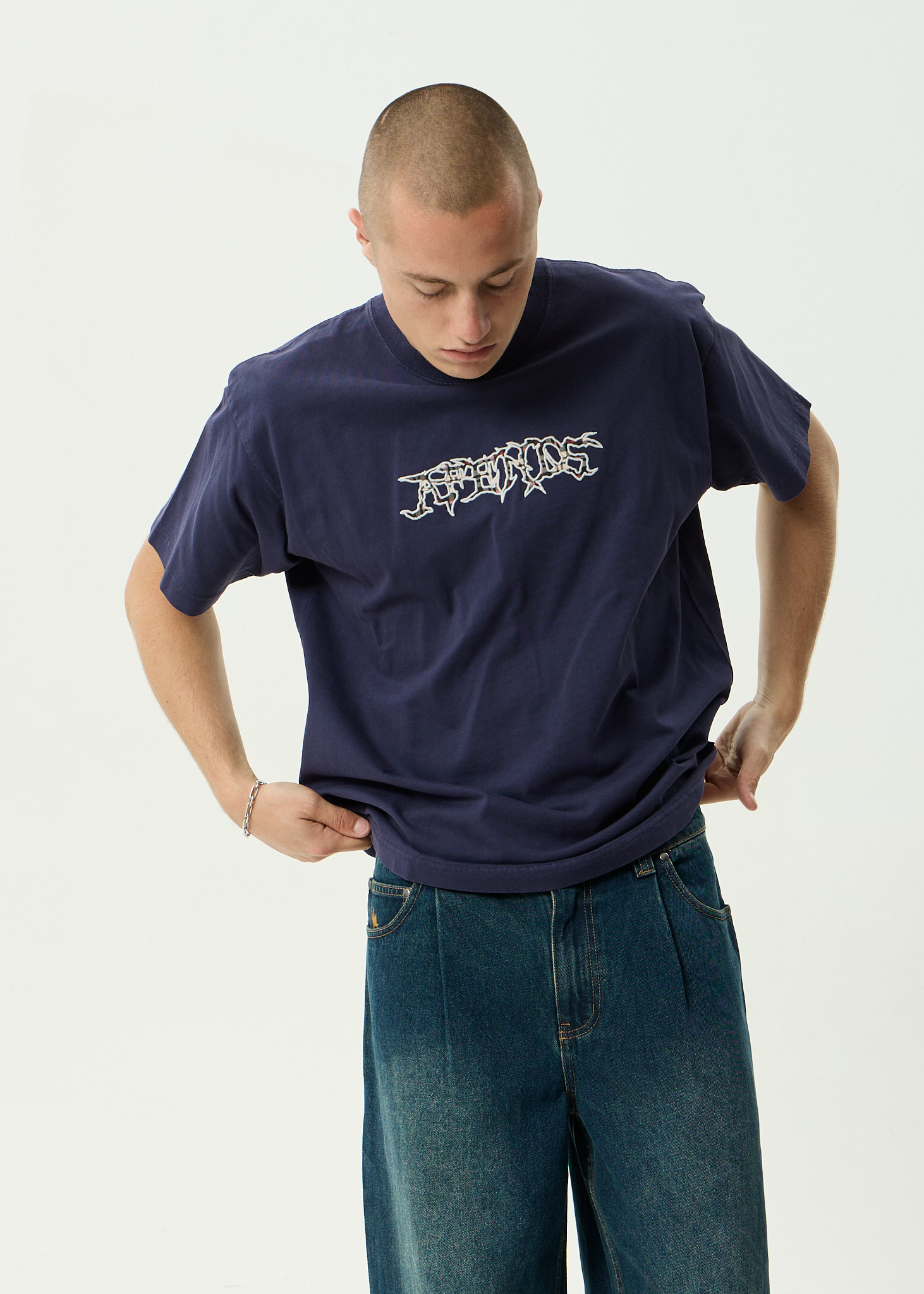 AFENDS Mens Kharma - Heavyweight Boxy Tee - Washed Deep Sea