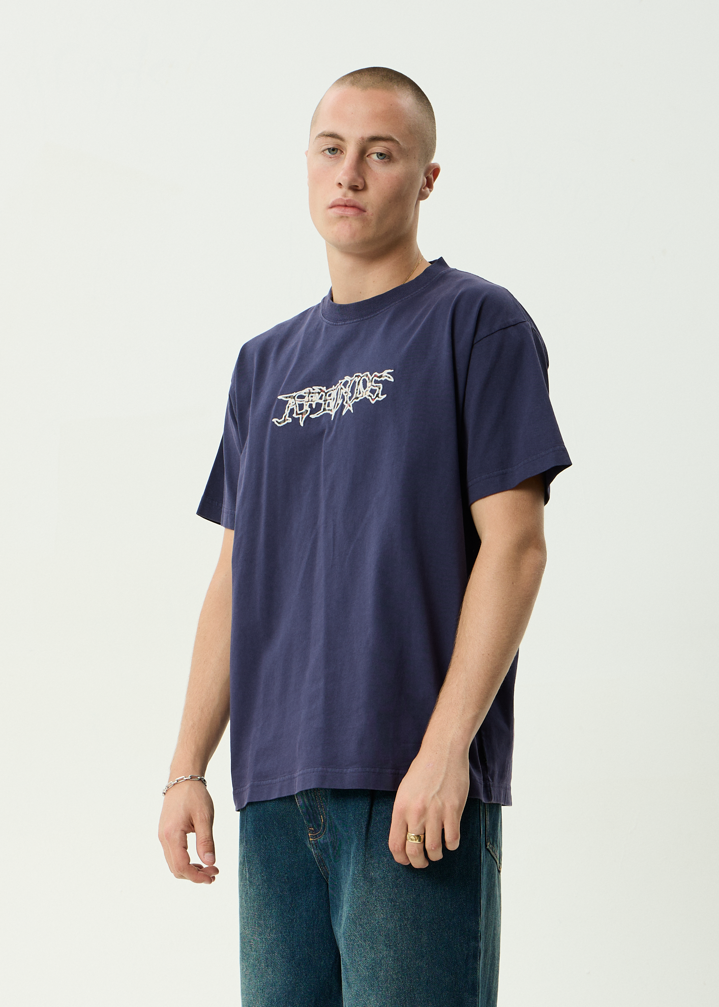 AFENDS Mens Kharma - Heavyweight Boxy Tee - Washed Deep Sea
