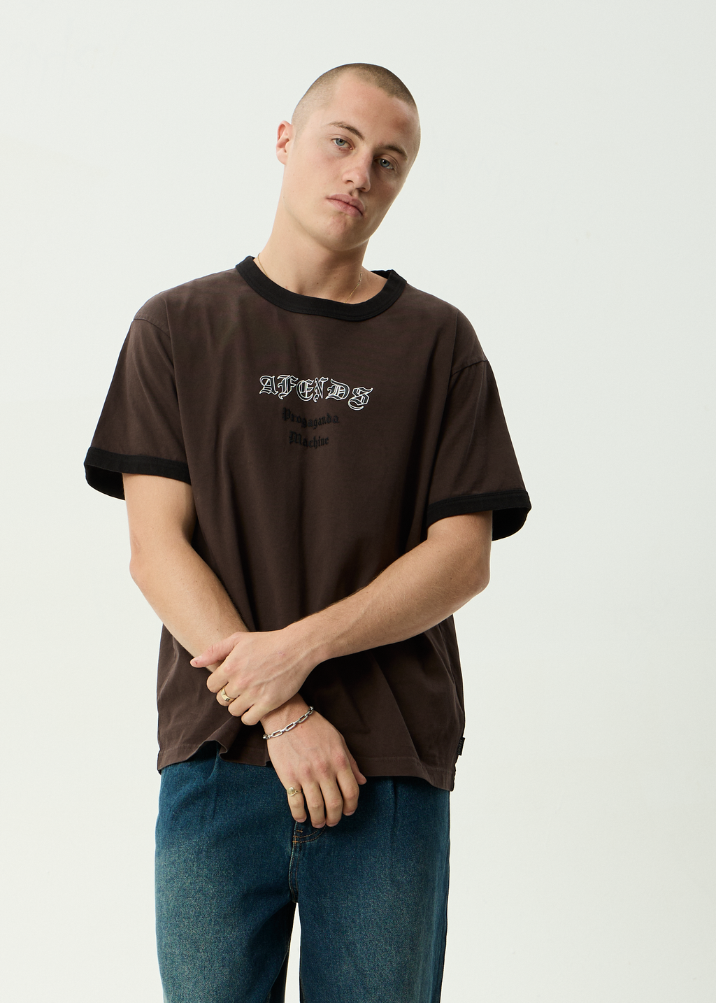 AFENDS Mens Machine - Boxy Ringer Fit Tee - Washed Coffee