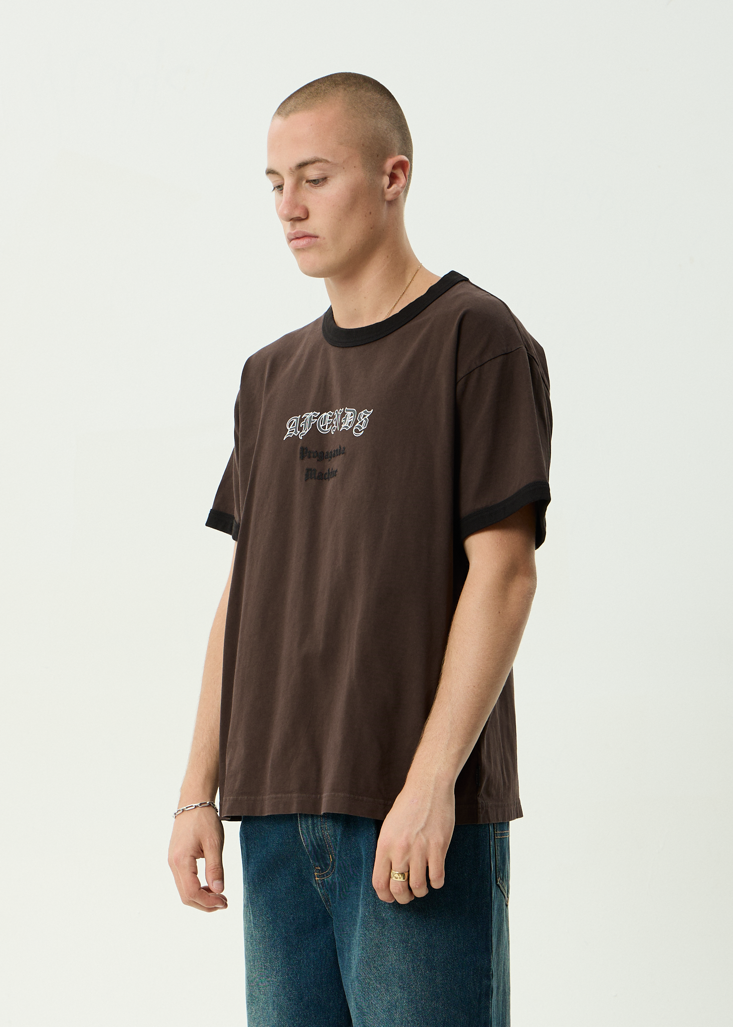 AFENDS Mens Machine - Boxy Ringer Fit Tee - Washed Coffee