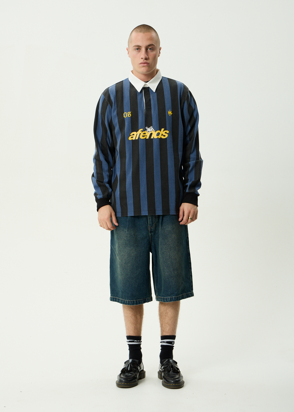 AFENDS Mens Angel Boy - Recycled Rugby Long Sleeve Tee - Black Stripe