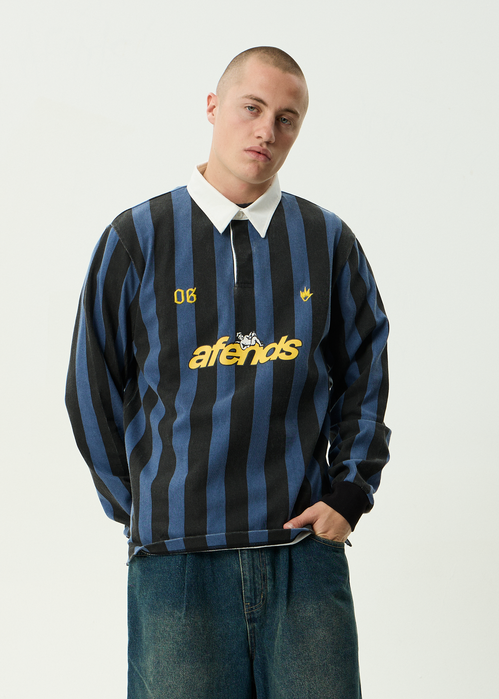 AFENDS Mens Angel Boy - Recycled Rugby Long Sleeve Tee - Black Stripe