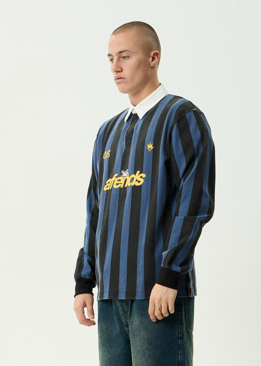 AFENDS Mens Angel Boy - Recycled Rugby Long Sleeve Tee - Black Stripe