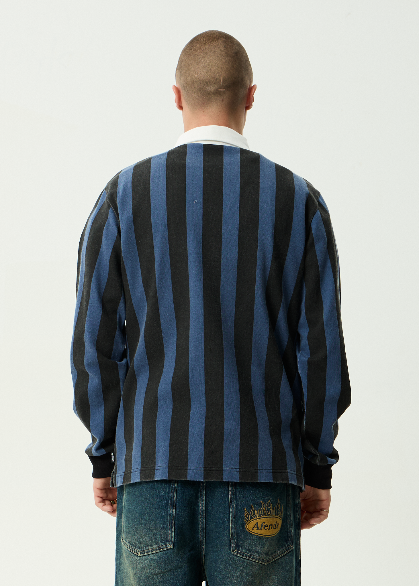 AFENDS Mens Angel Boy - Recycled Rugby Long Sleeve Tee - Black Stripe