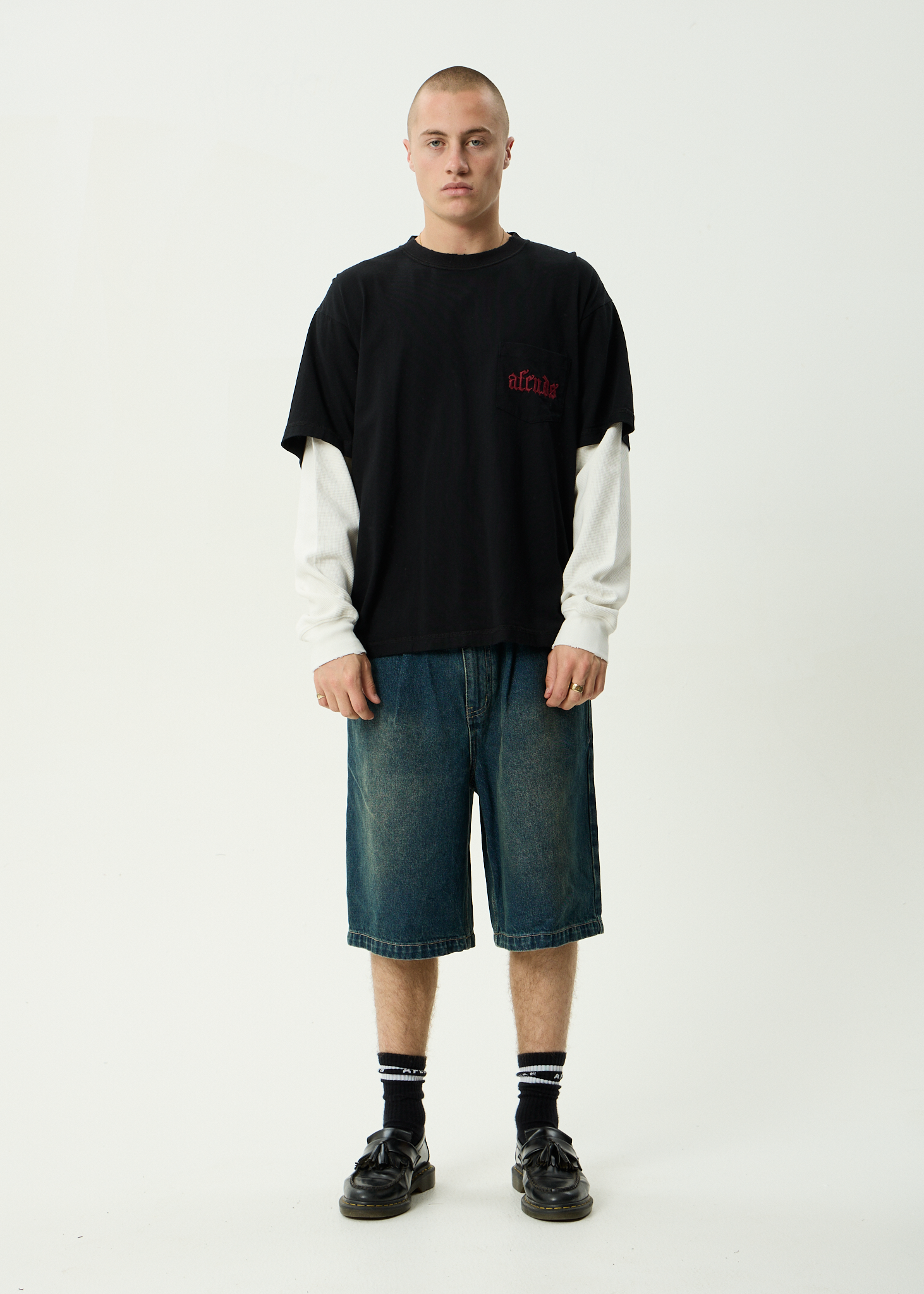 AFENDS Mens Drop Zone - Recycled Layered Waffle Boxy Tee - Black