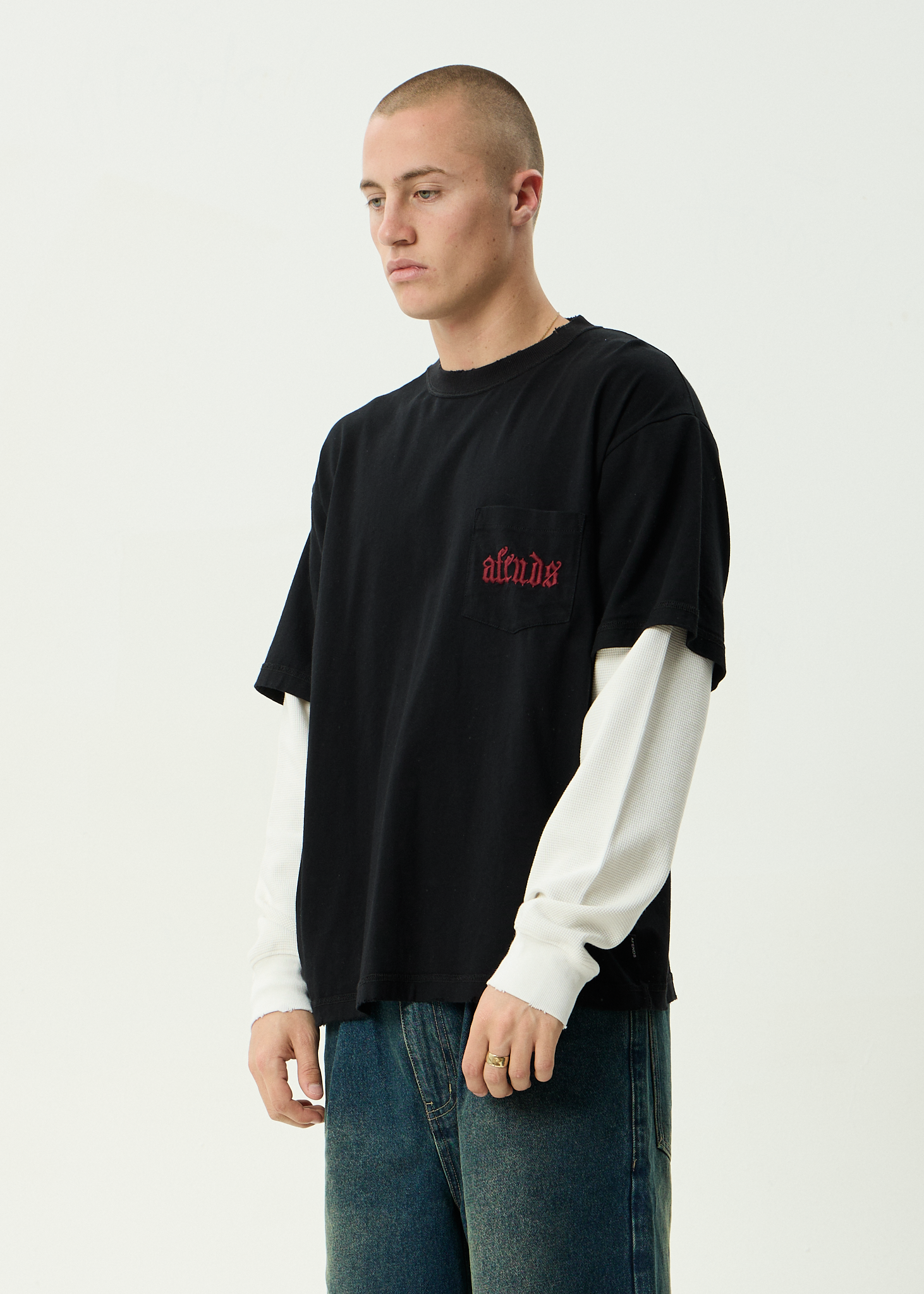 AFENDS Mens Drop Zone - Recycled Layered Waffle Boxy Tee - Black