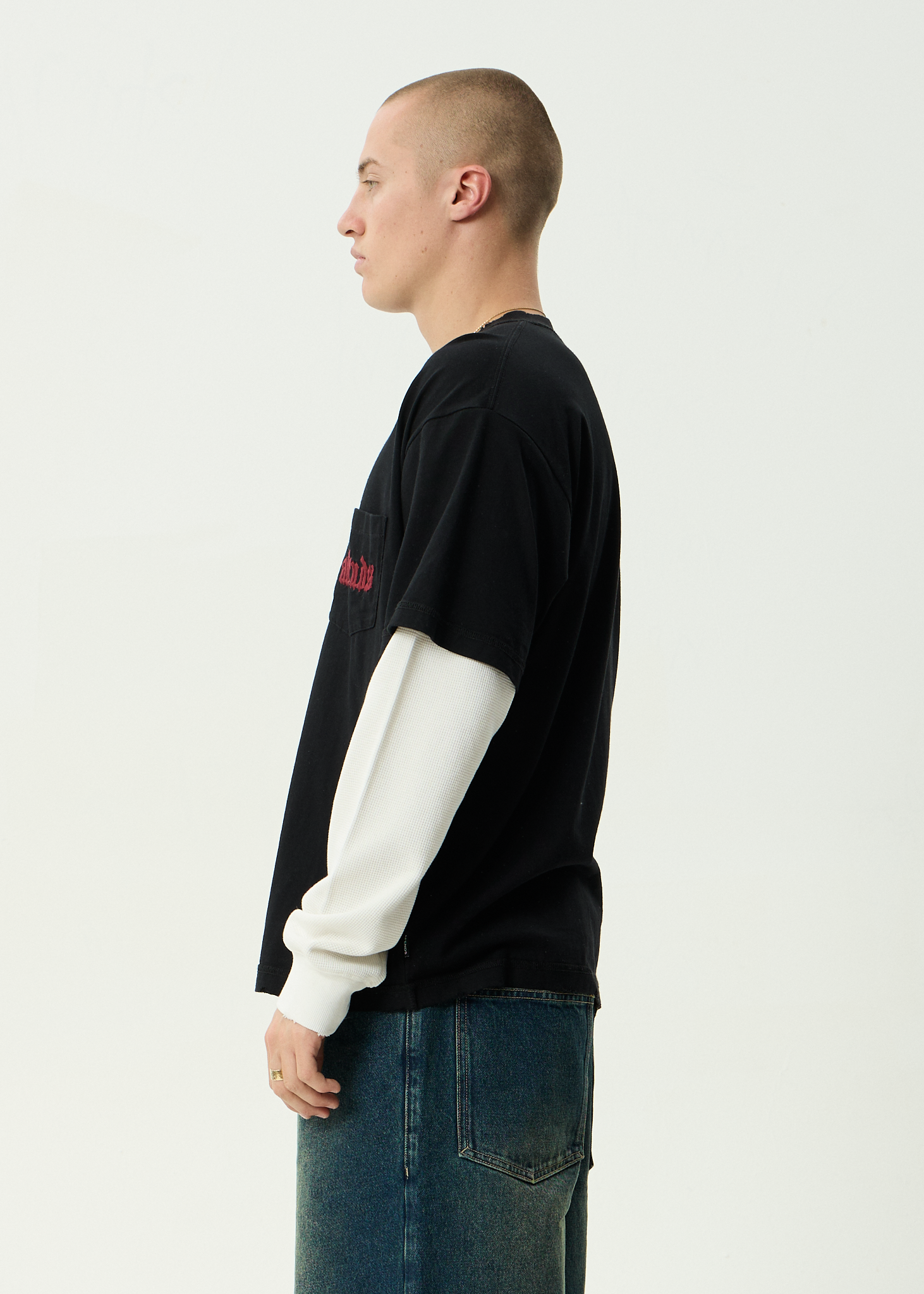 AFENDS Mens Drop Zone - Recycled Layered Waffle Boxy Tee - Black