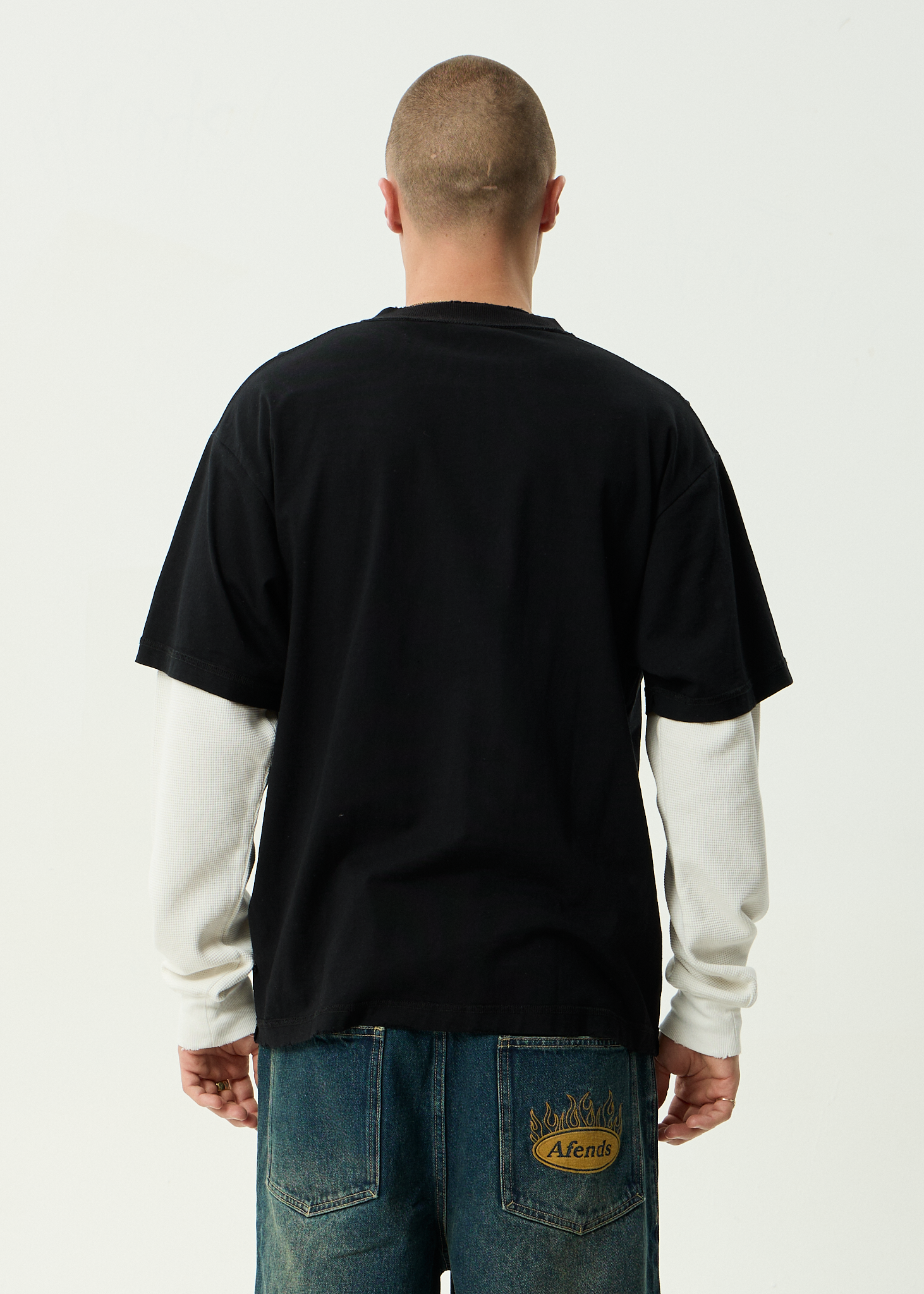 AFENDS Mens Drop Zone - Recycled Layered Waffle Boxy Tee - Black