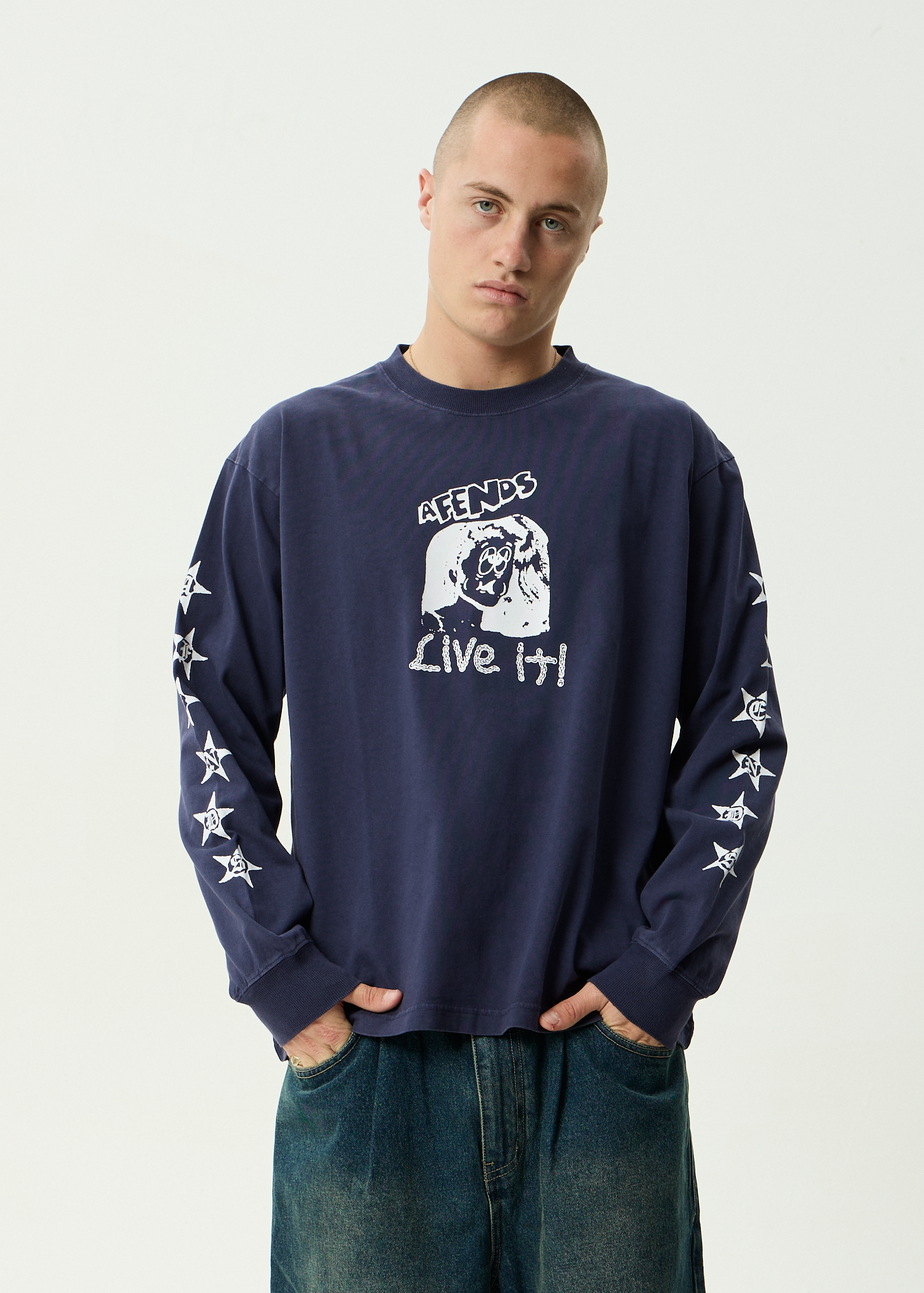 AFENDS Mens Live It - Recycled Heavyweight Boxy Long Sleeve Tee - Washed Deep Sea