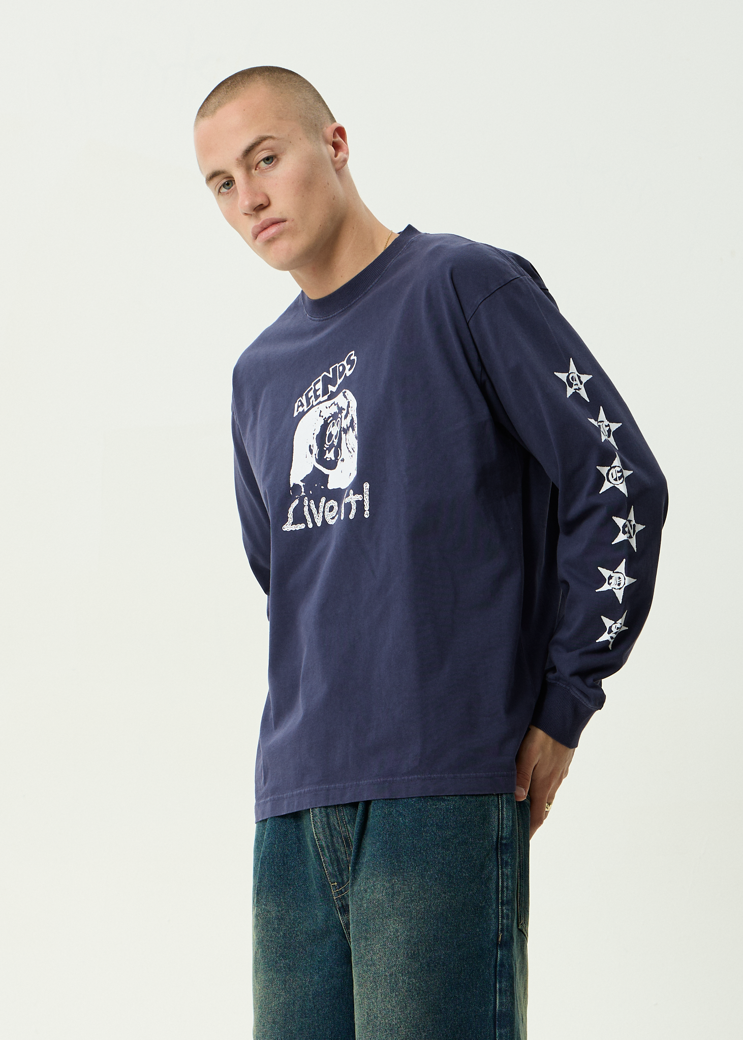 AFENDS Mens Live It - Recycled Heavyweight Boxy Long Sleeve Tee - Washed Deep Sea