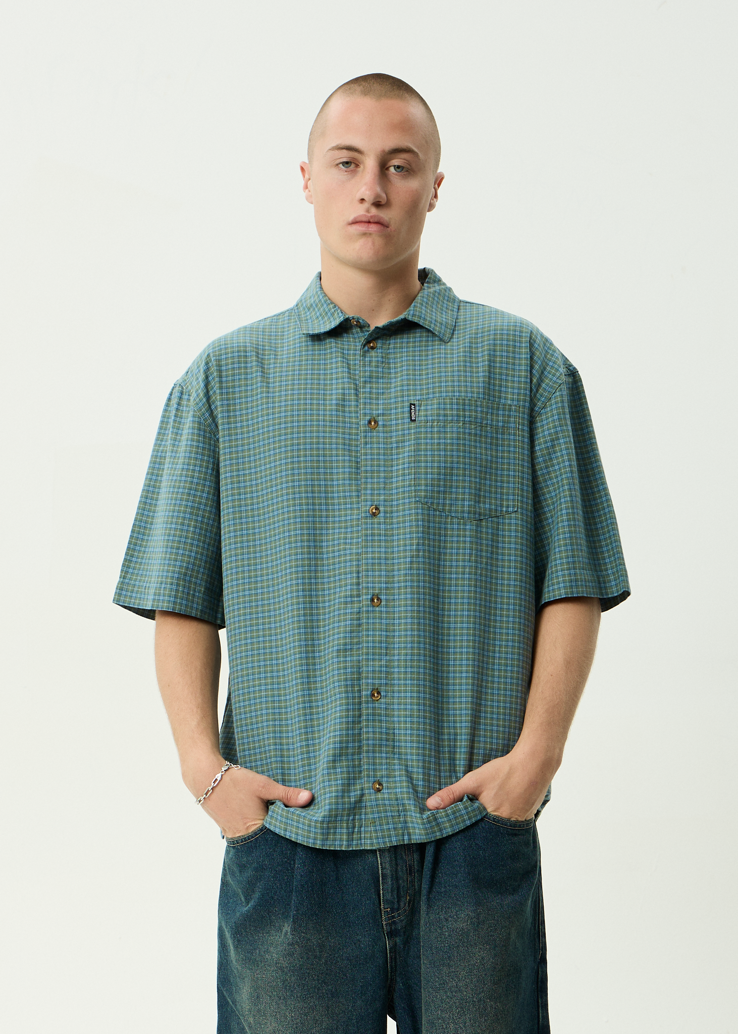 AFENDS Mens Voyager - Recycled Short Sleeve Shirt - Deep Olive Check