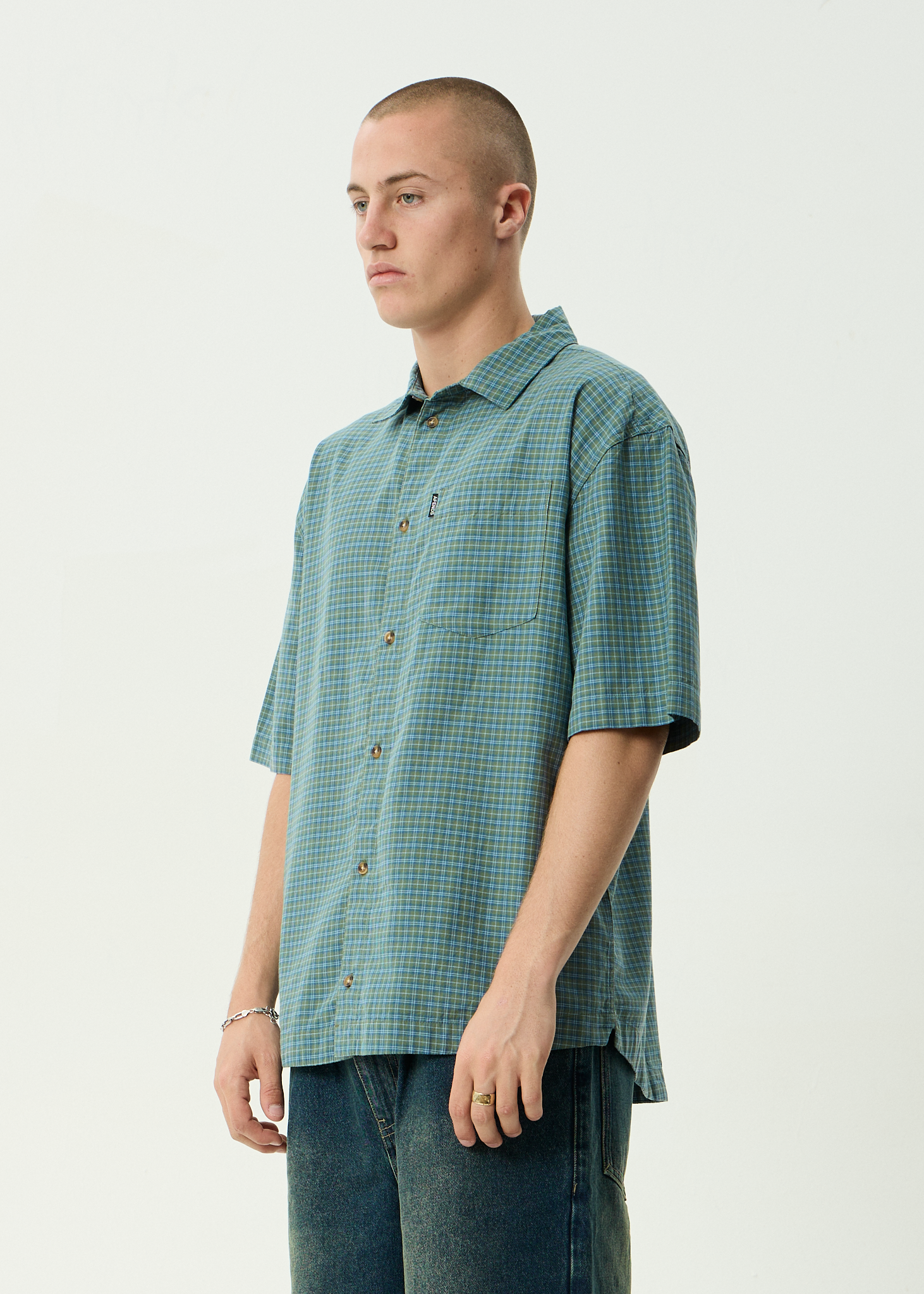 AFENDS Mens Voyager - Recycled Short Sleeve Shirt - Deep Olive Check