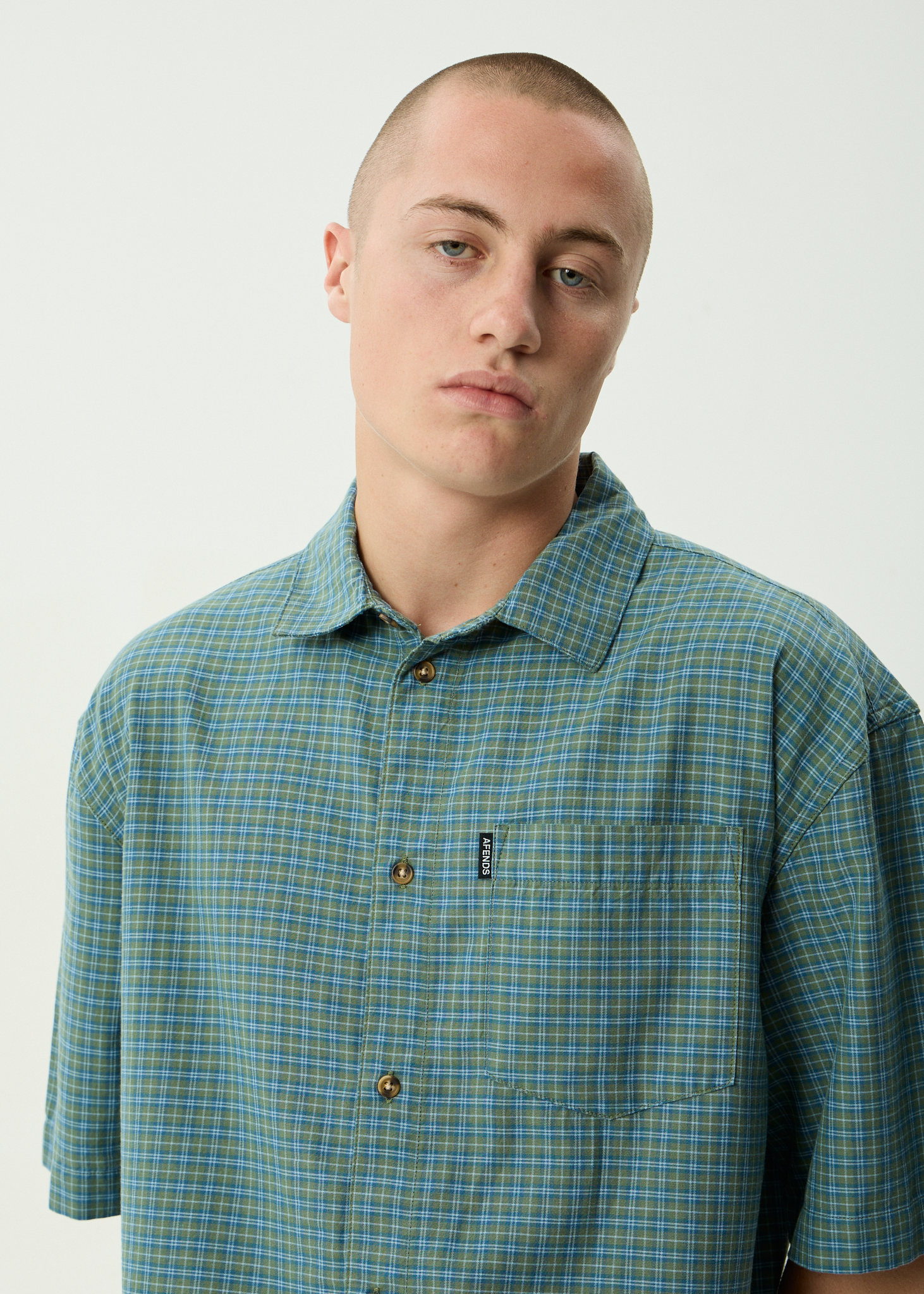 AFENDS Mens Voyager - Recycled Short Sleeve Shirt - Deep Olive Check