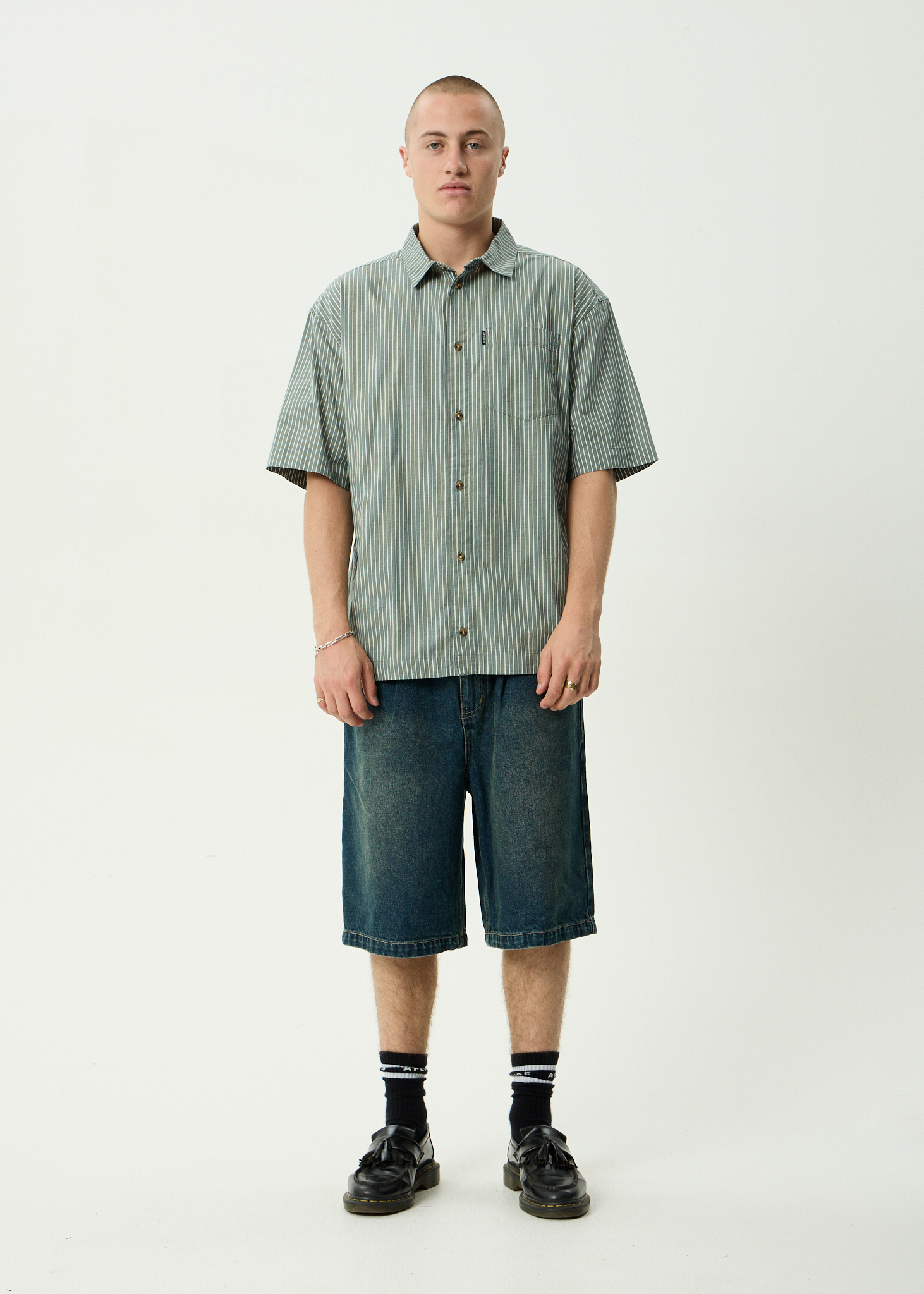 AFENDS Mens Pinned - Organic Short Sleeve Shirt - Sycamore Stripe