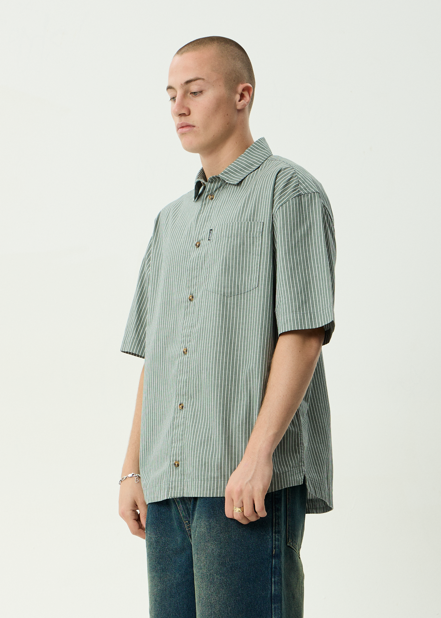AFENDS Mens Pinned - Organic Short Sleeve Shirt - Sycamore Stripe
