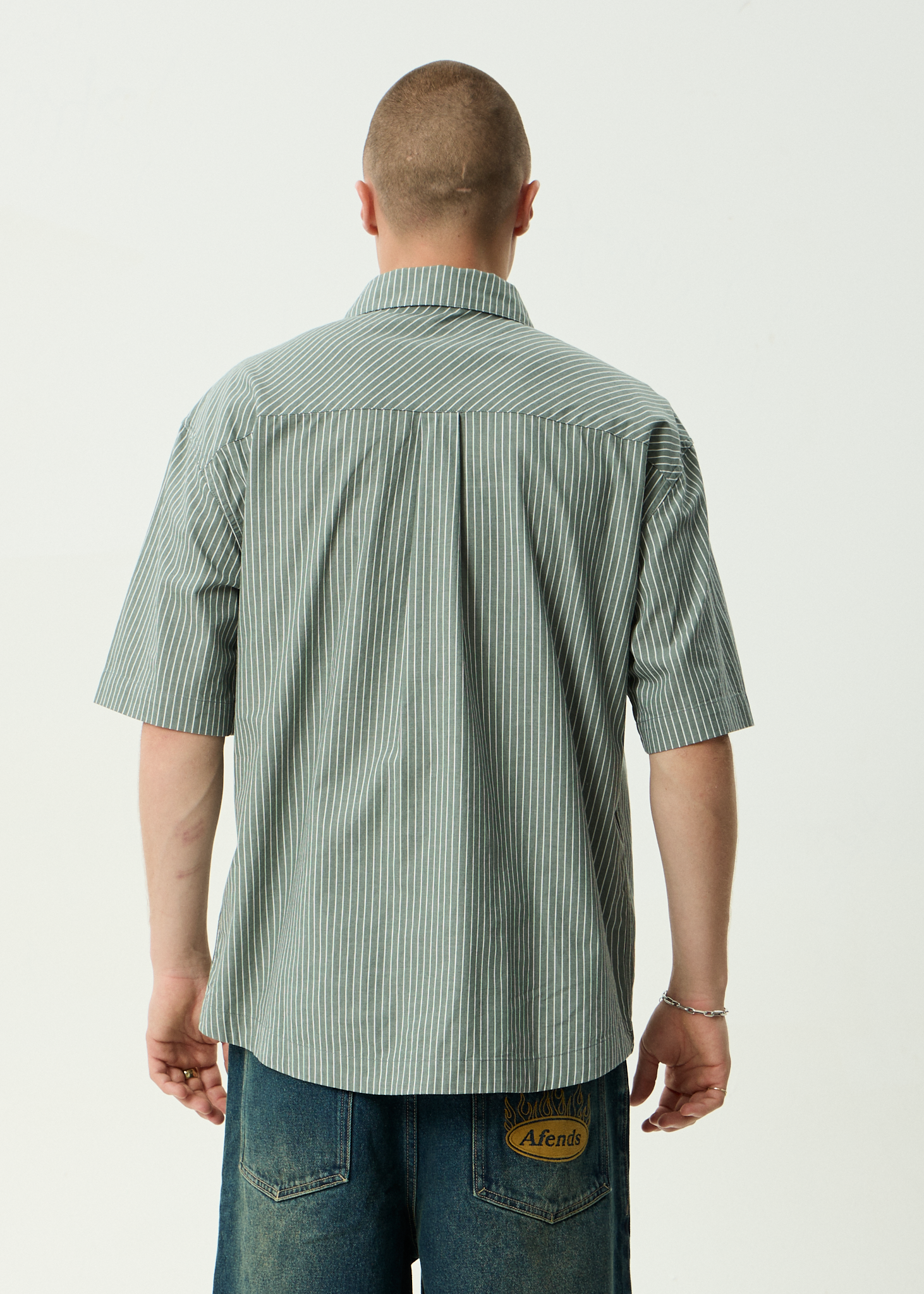 AFENDS Mens Pinned - Organic Short Sleeve Shirt - Sycamore Stripe