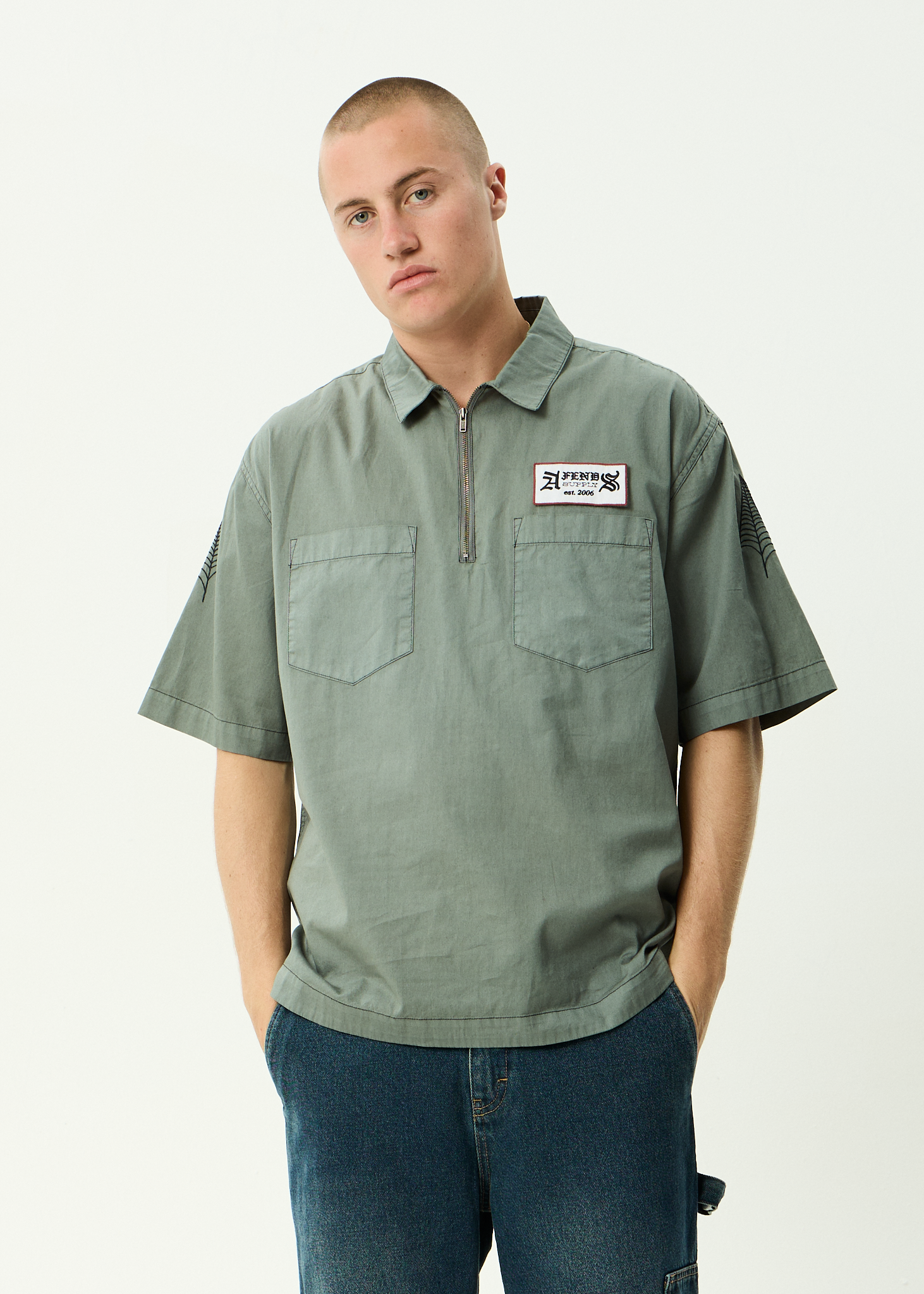AFENDS Mens Supply - Workwear Short Sleeve Shirt - Washed Sycamore