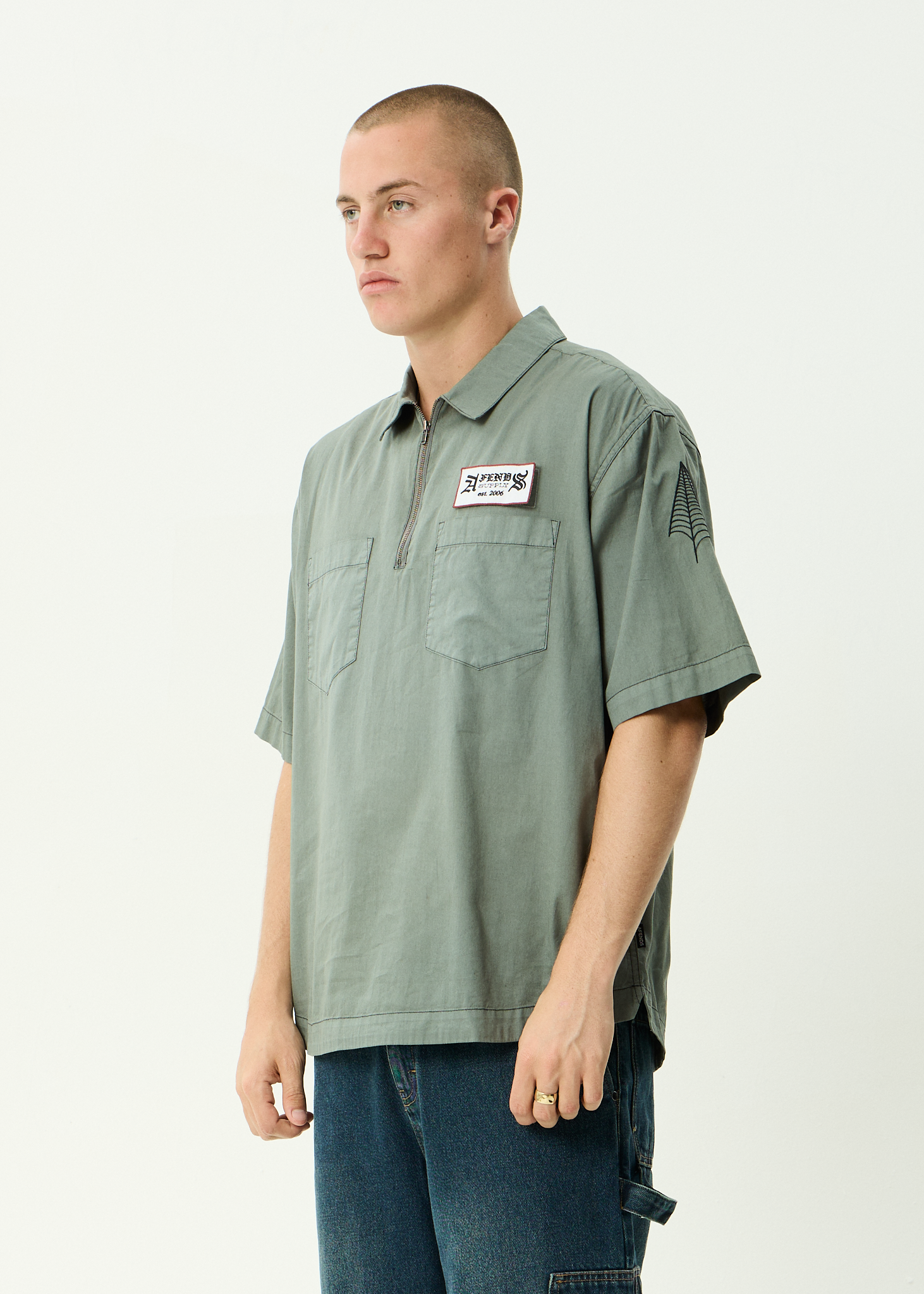 AFENDS Mens Supply - Workwear Short Sleeve Shirt - Washed Sycamore