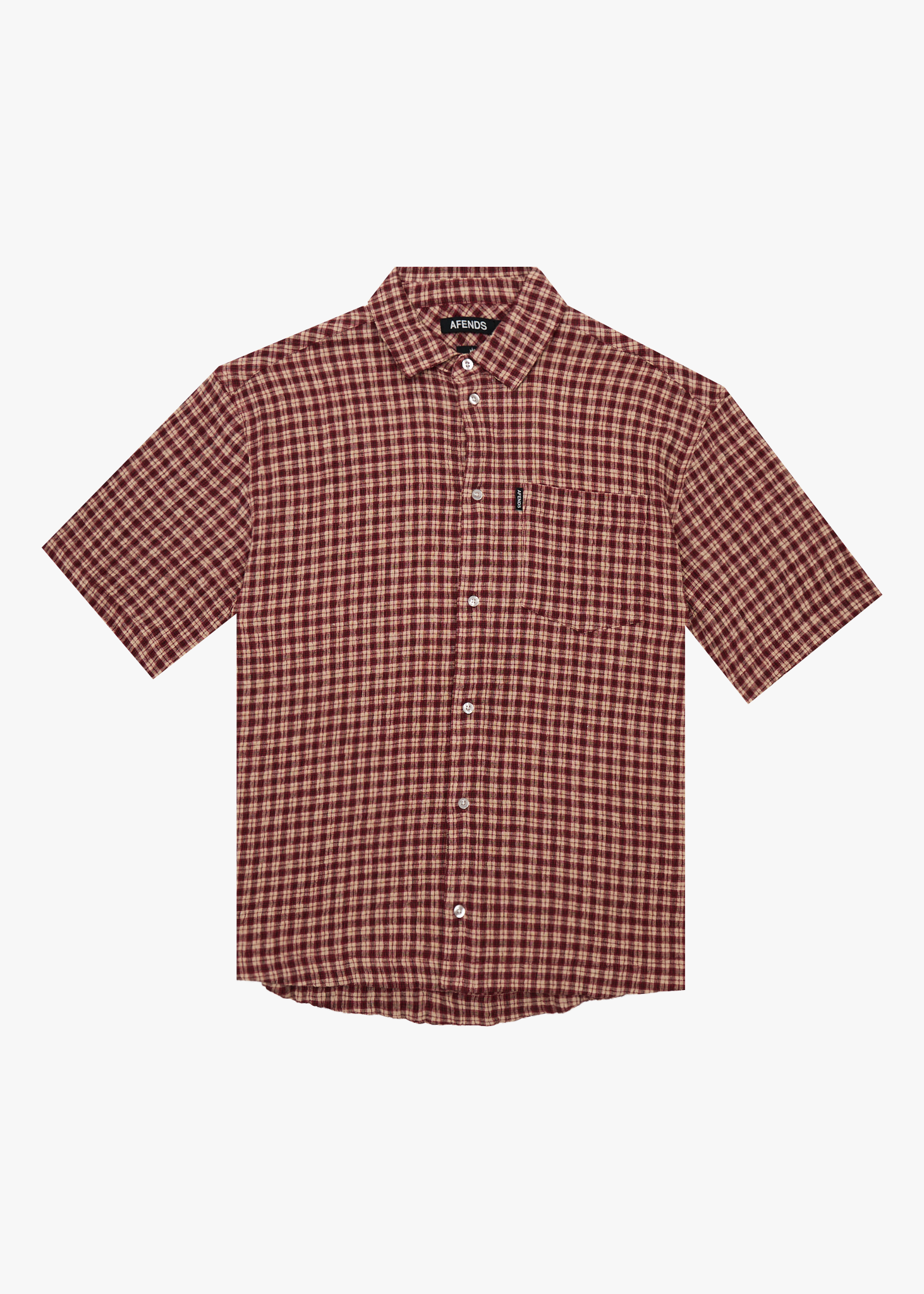 AFENDS Mens Capricorn - Hemp Seersucker Short Sleeve Shirt - Burgundy / Beige Check