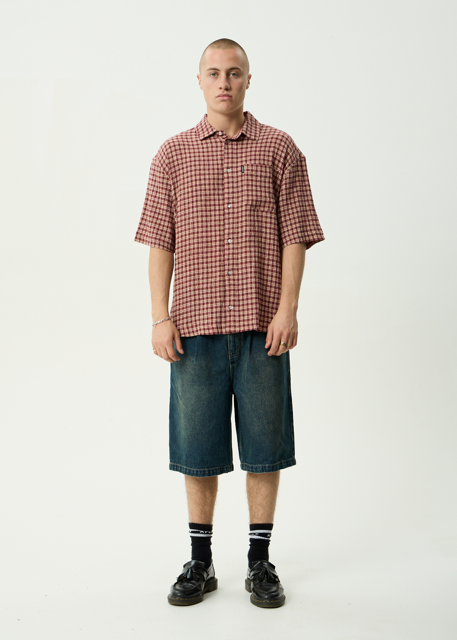 AFENDS Mens Capricorn - Hemp Seersucker Short Sleeve Shirt - Burgundy / Beige Check