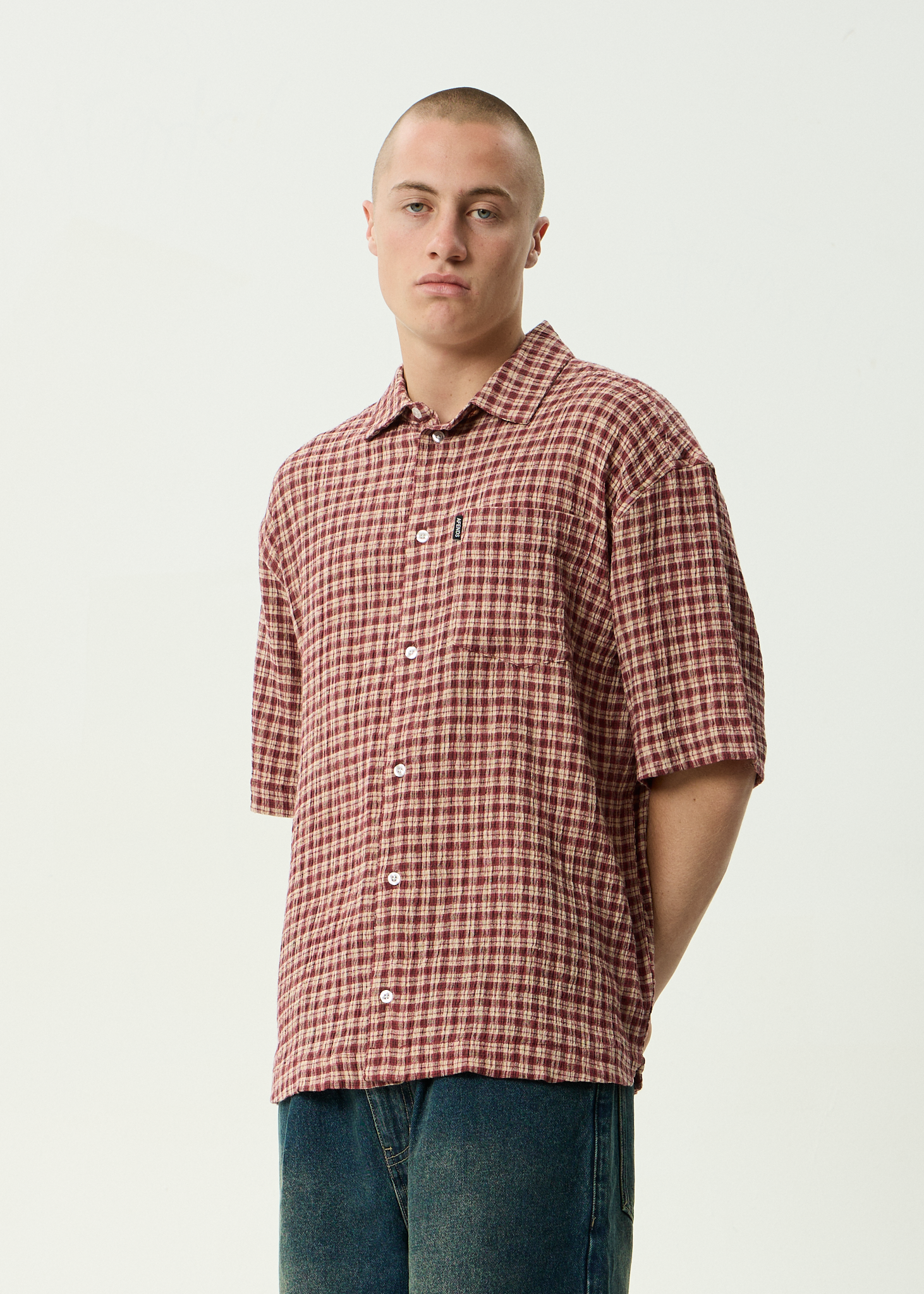 AFENDS Mens Capricorn - Hemp Seersucker Short Sleeve Shirt - Burgundy / Beige Check