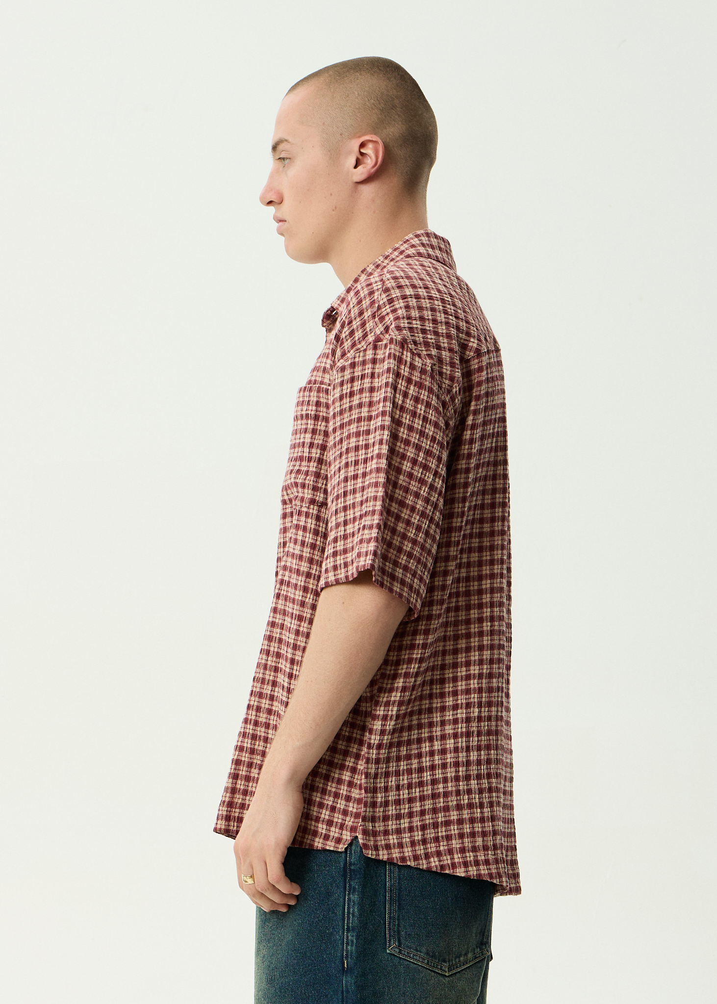 AFENDS Mens Capricorn - Hemp Seersucker Short Sleeve Shirt - Burgundy / Beige Check