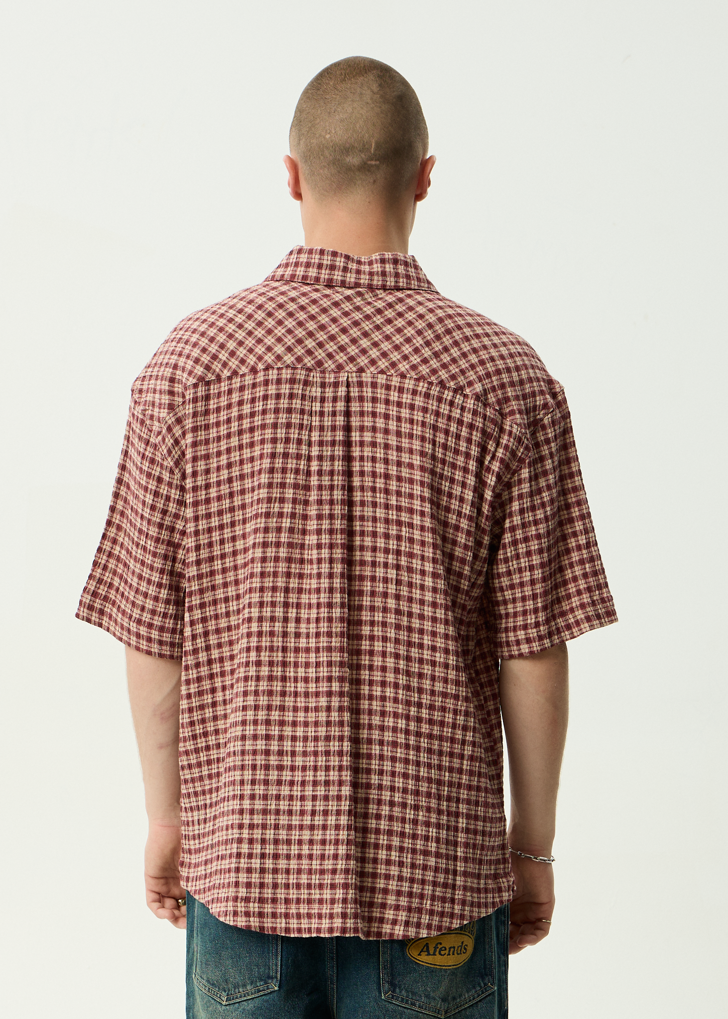 AFENDS Mens Capricorn - Hemp Seersucker Short Sleeve Shirt - Burgundy / Beige Check