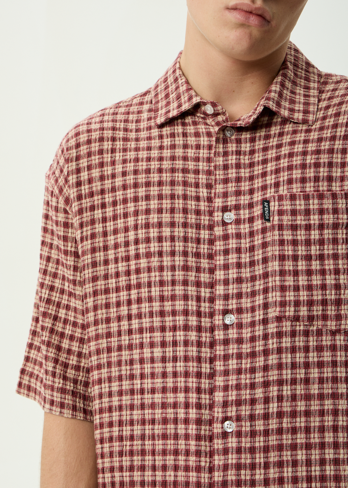 AFENDS Mens Capricorn - Hemp Seersucker Short Sleeve Shirt - Burgundy / Beige Check