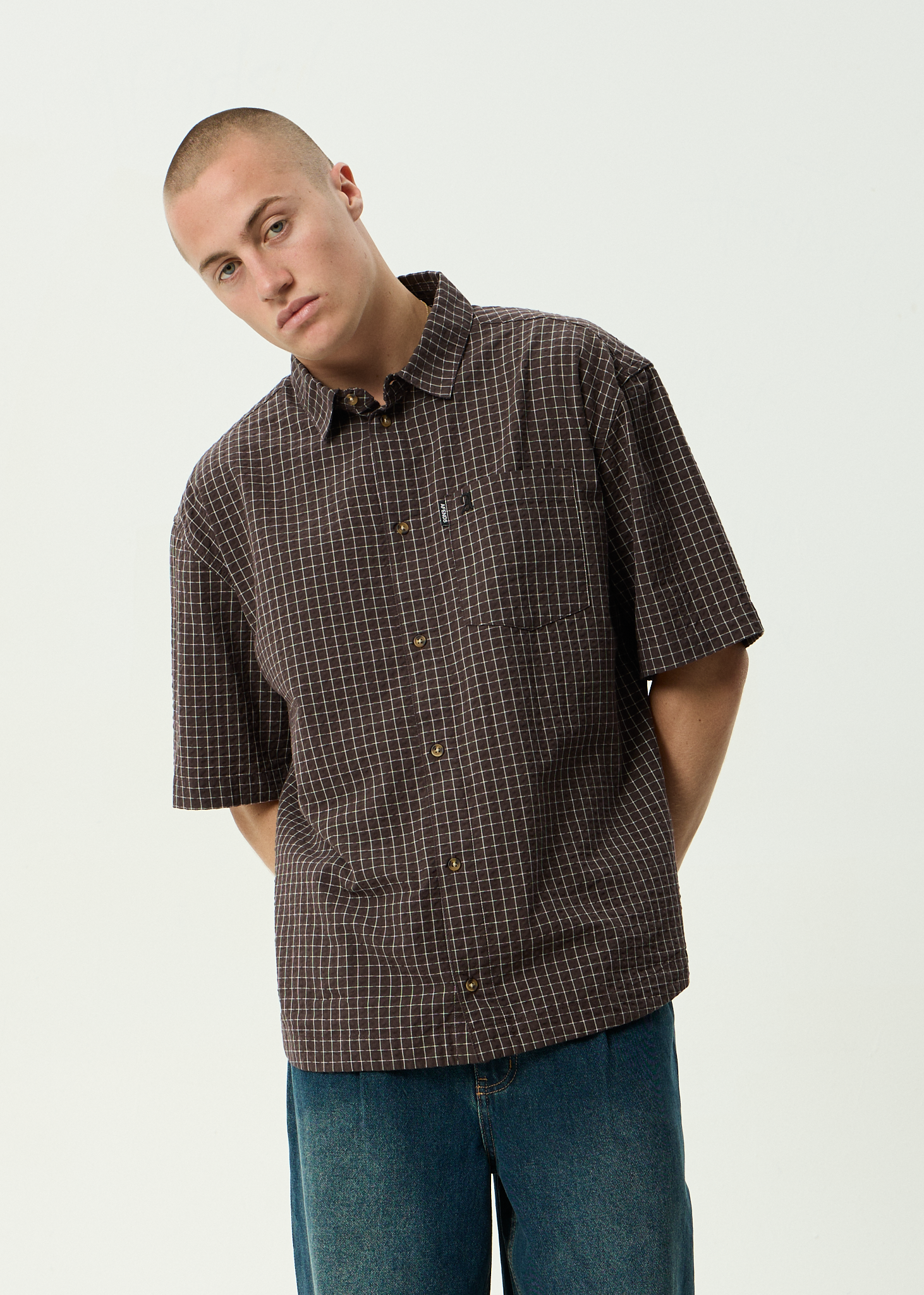 AFENDS Mens Reverb - Seersucker Short Sleeve Shirt - Chocolate Check