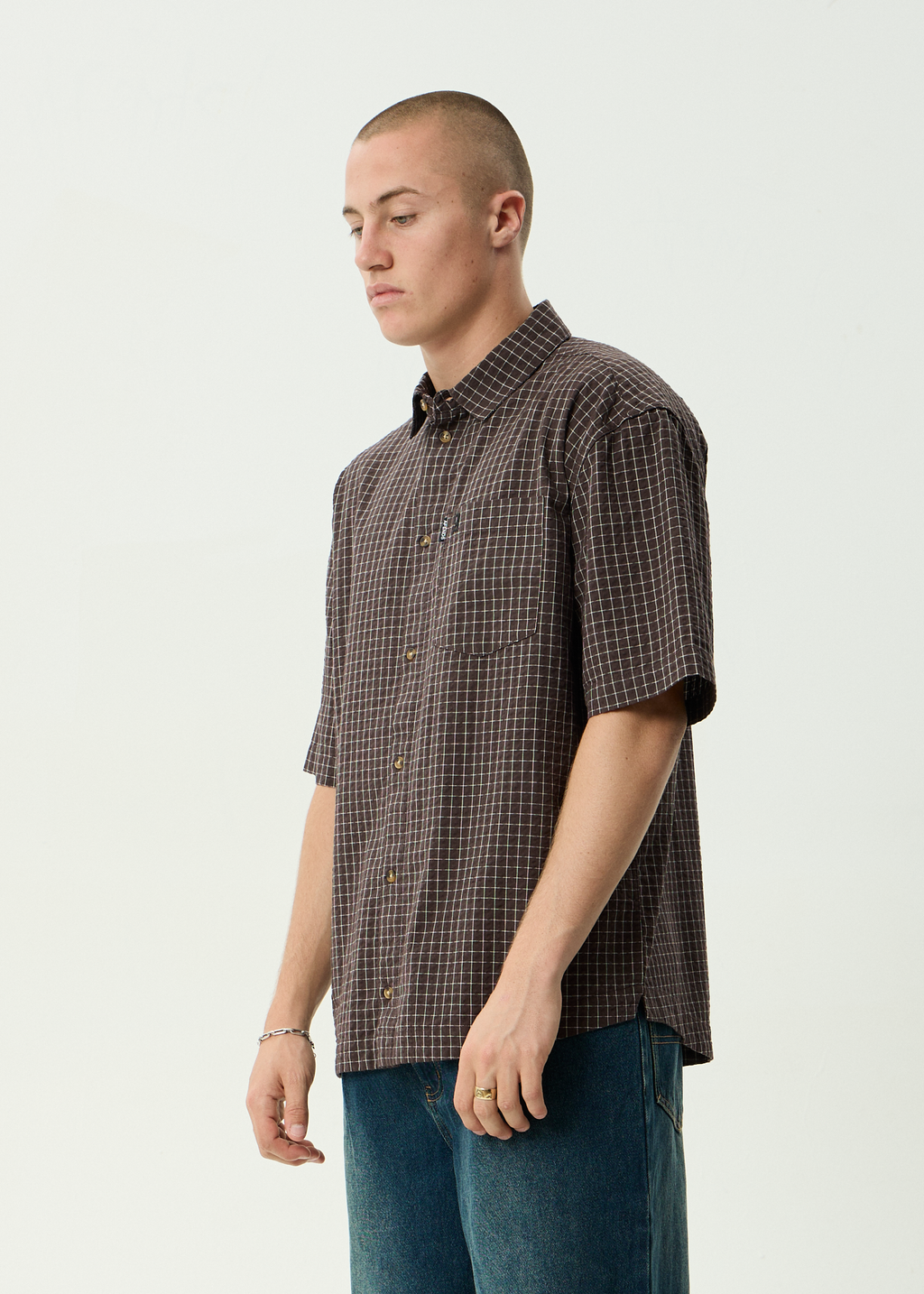 AFENDS Mens Reverb - Seersucker Short Sleeve Shirt - Chocolate Check