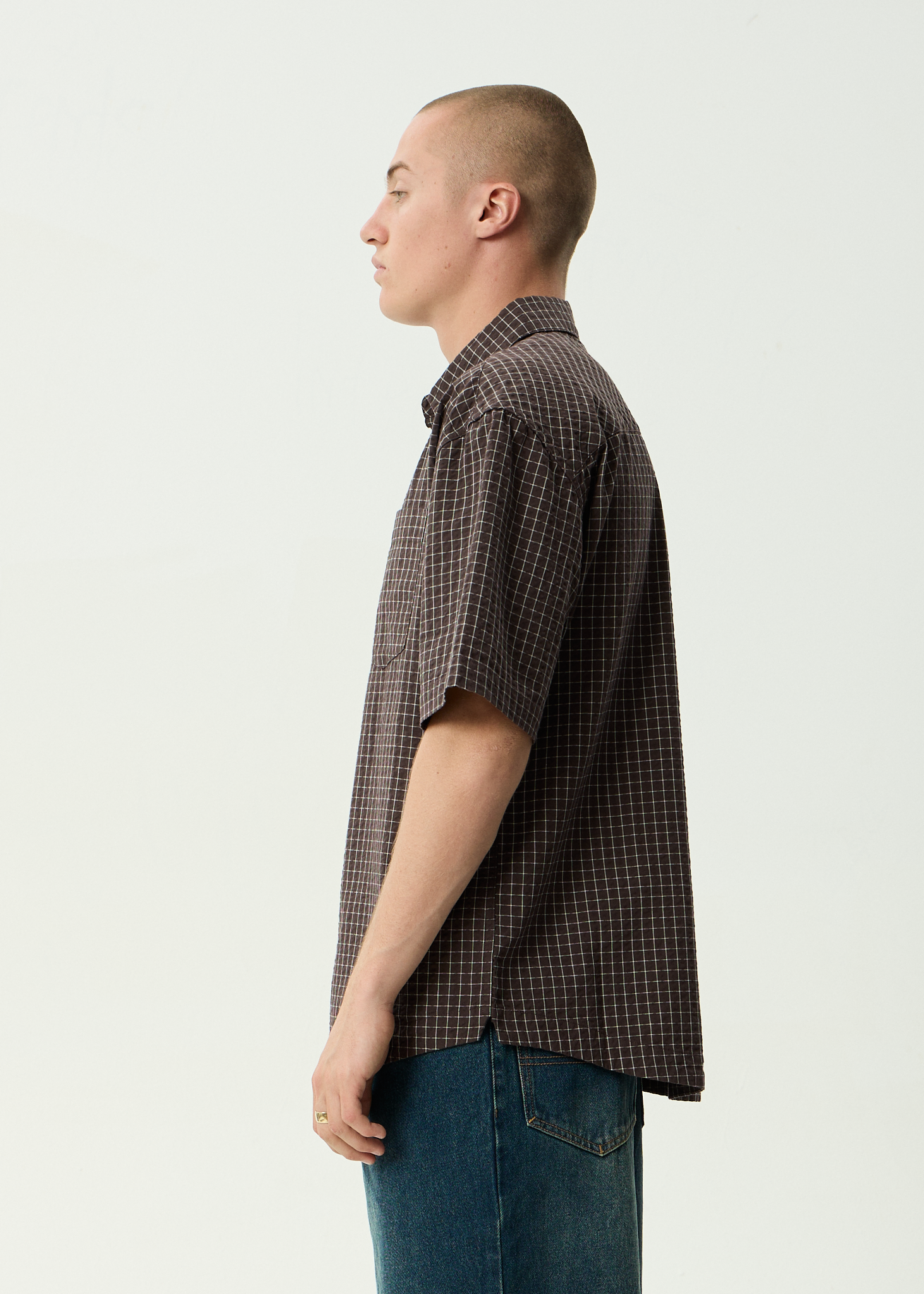 AFENDS Mens Reverb - Seersucker Short Sleeve Shirt - Chocolate Check