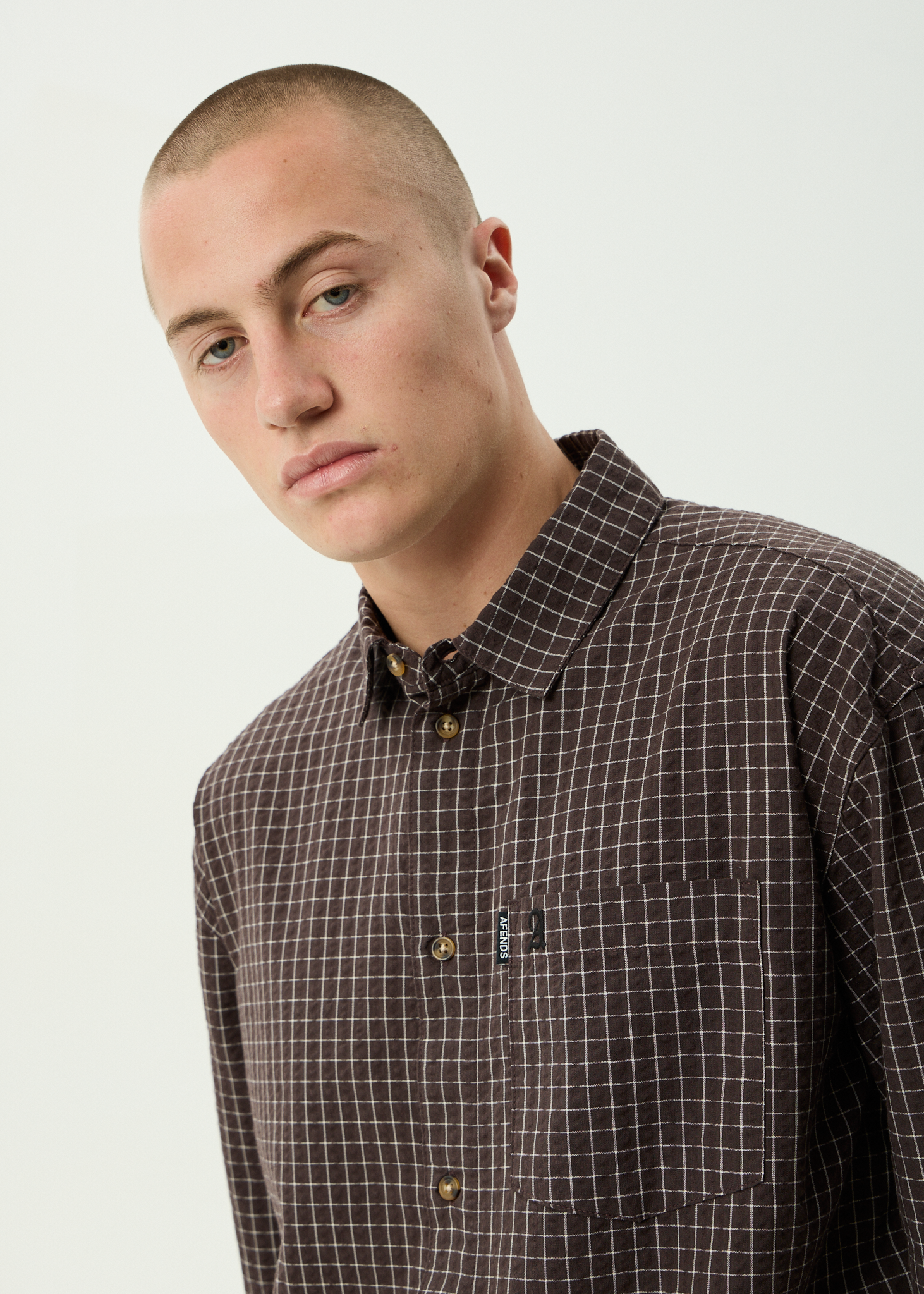 AFENDS Mens Reverb - Seersucker Short Sleeve Shirt - Chocolate Check