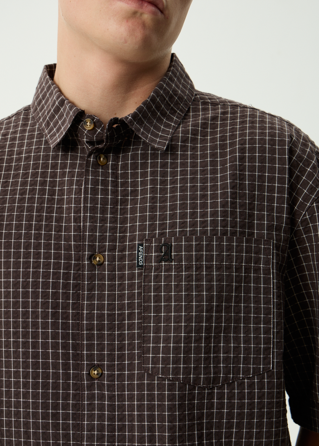 AFENDS Mens Reverb - Seersucker Short Sleeve Shirt - Chocolate Check