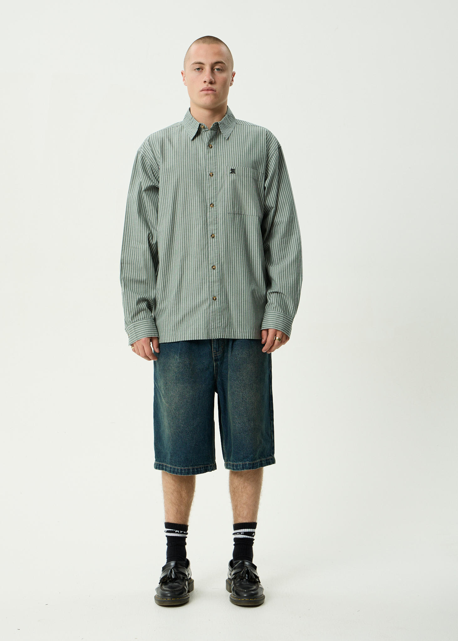 AFENDS Mens Pinned - Organic Oversized Striped Long Sleeve Shirt - Sycamore Stripe