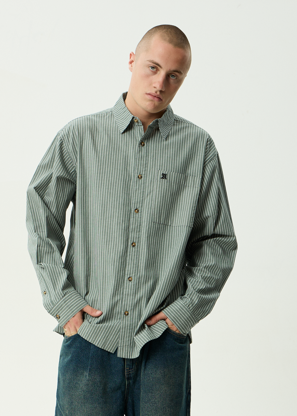 AFENDS Mens Pinned - Organic Oversized Striped Long Sleeve Shirt - Sycamore Stripe