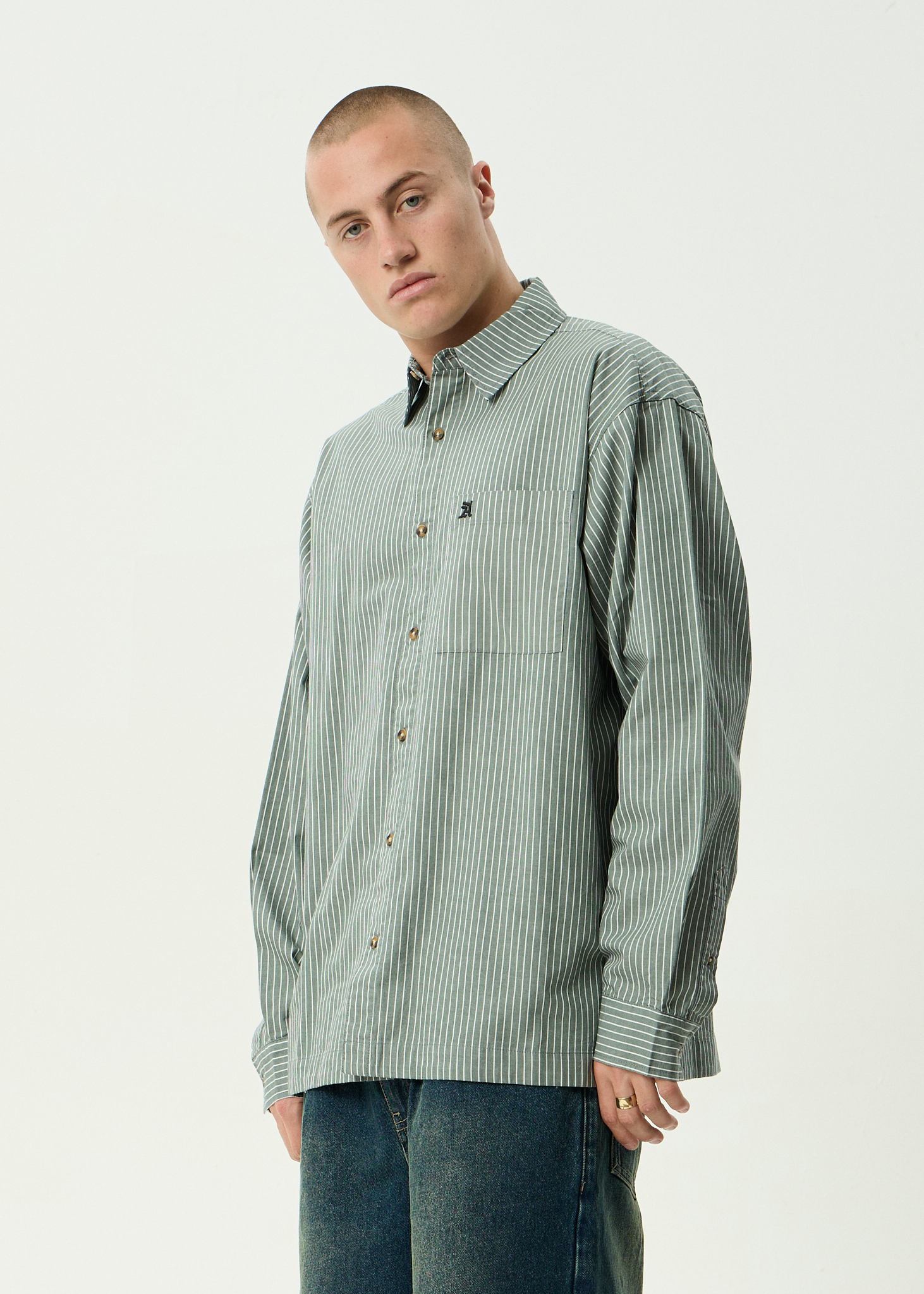 AFENDS Mens Pinned - Organic Oversized Striped Long Sleeve Shirt - Sycamore Stripe