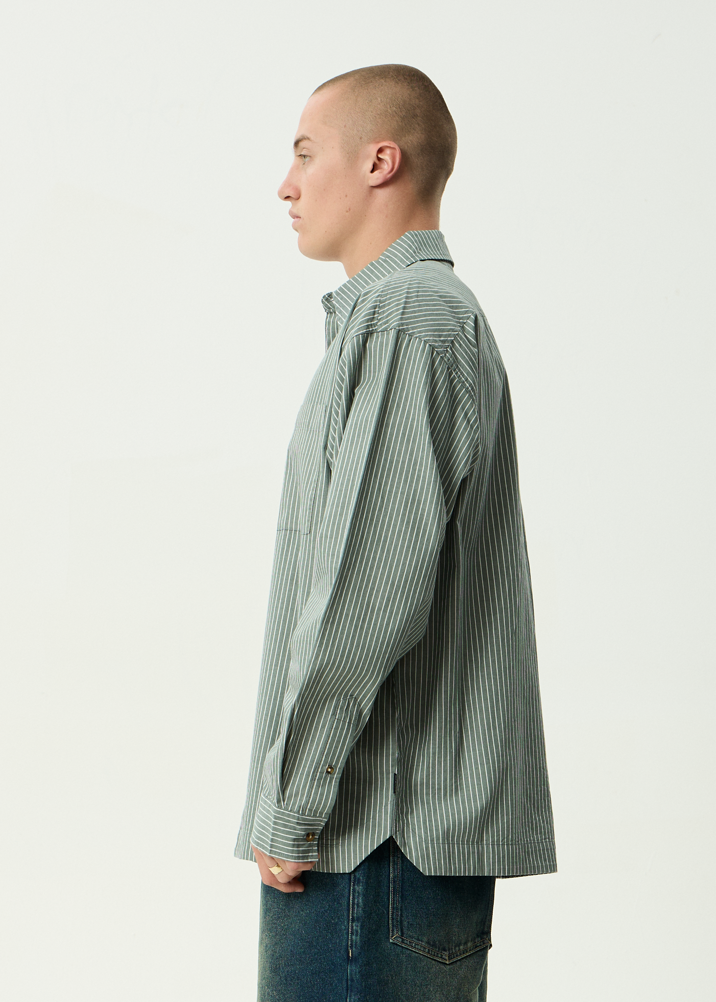 AFENDS Mens Pinned - Organic Oversized Striped Long Sleeve Shirt - Sycamore Stripe