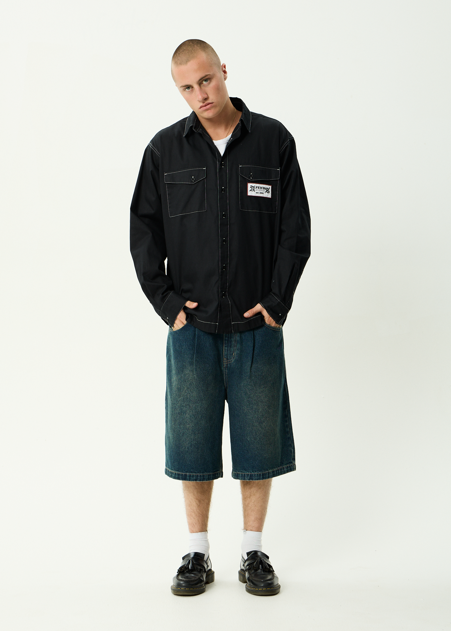 AFENDS Mens Supply - Long Sleeve Workwear Shirt - Black