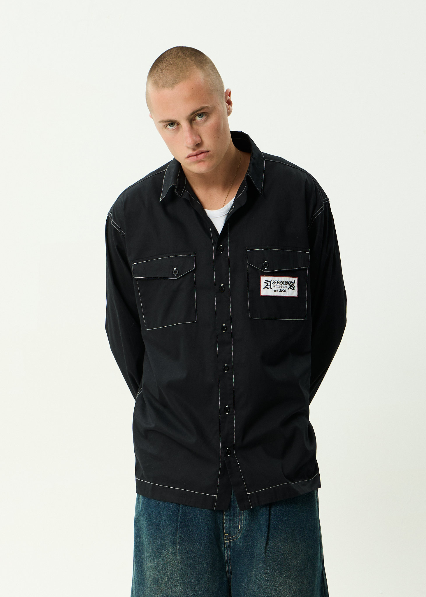 AFENDS Mens Supply - Long Sleeve Workwear Shirt - Black