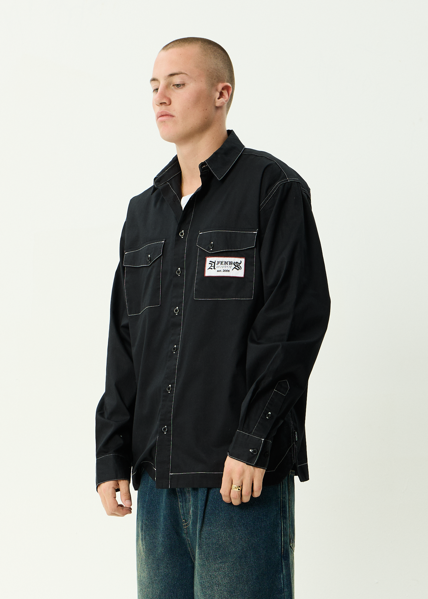 AFENDS Mens Supply - Long Sleeve Workwear Shirt - Black